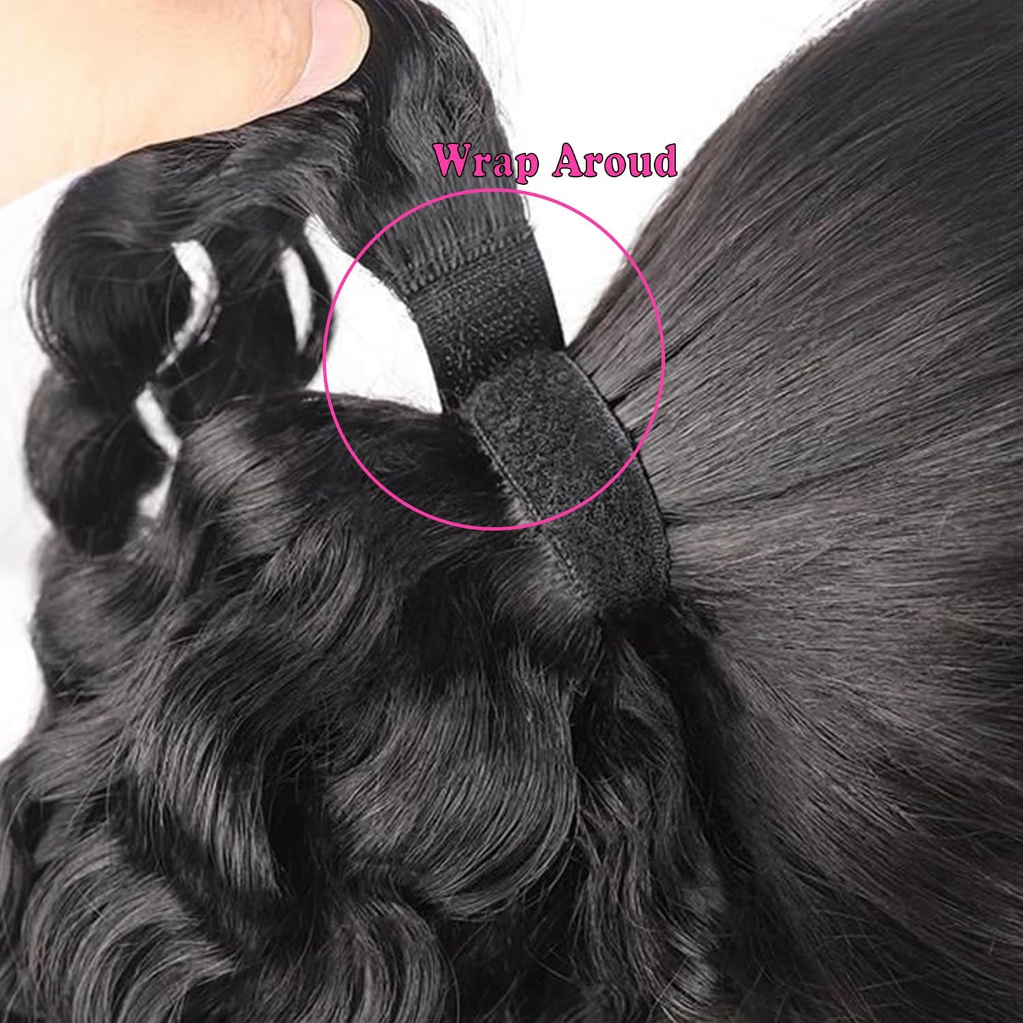 Seelaak Hair Water Wave Ponytail Extensions Human Hair Wrap Around Corn Wave Pony Magic Paste Brazilian Human Hair Extensions for Women Natural Black(22 inch)