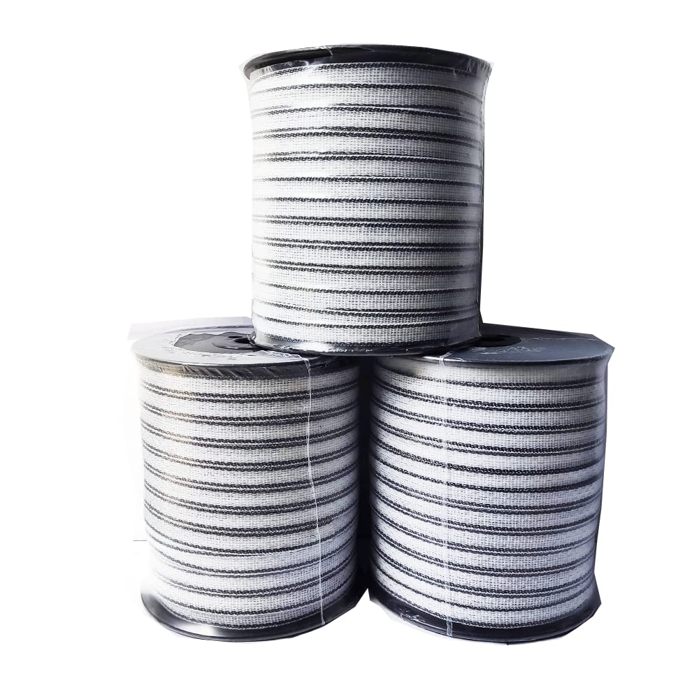 Electric Fence Poly Tape - Long Lasting 5 Stainless Steel Conductors - 656 Feet Roll - 1/2 Inch White and Black Polytape - Suitable for Portable & Semi Permanent Electric Fences