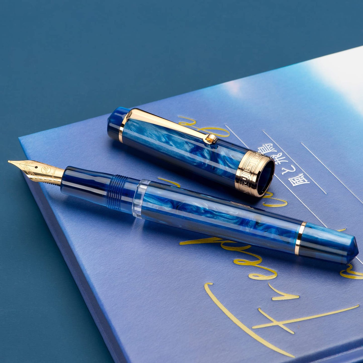 Asvine P20 Galaxy Blue Fountain Pen Piston Filling, Gold Plated Fine Point Smooth Writer with Pen Gift Case