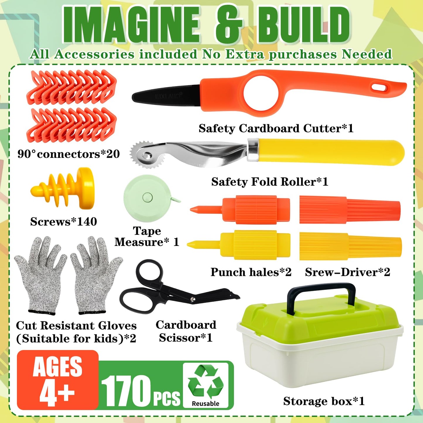 Cardboard Tools for Kids, 170 Pcs Kid Safe Cardboard Cutter with Box, Construction Kit for Family, Classroom Learning, STEM Educational Toys Birthday Gift for Boys and Girls Aged 4+