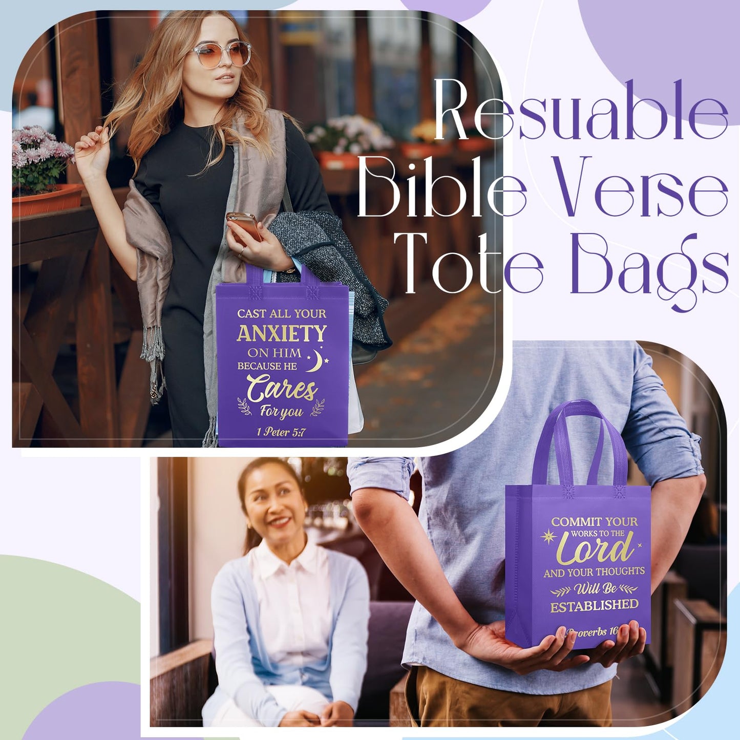 Talltalk 50 Pcs Christian Gift Bag Bulk Reusable Bible Verse Tote Religious Welcome Visitors Church Bags with Scriptures Clergy Pastor Gift for Sunday School Party Favors Christmas(Purple,Medium)