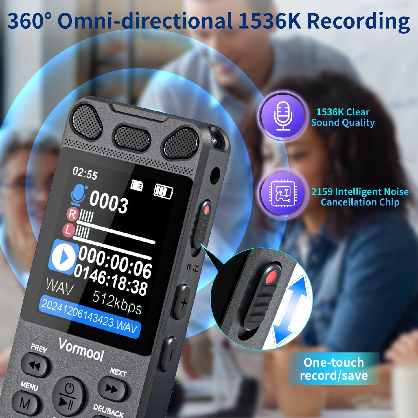 96GB Voice Recorder with Playback - 110 Hours Ultra-Long Continuous Recording, Vormooi 1536Kbps Voice Activated Audio Recorder with External Microphone for Lecture Interview Meeting