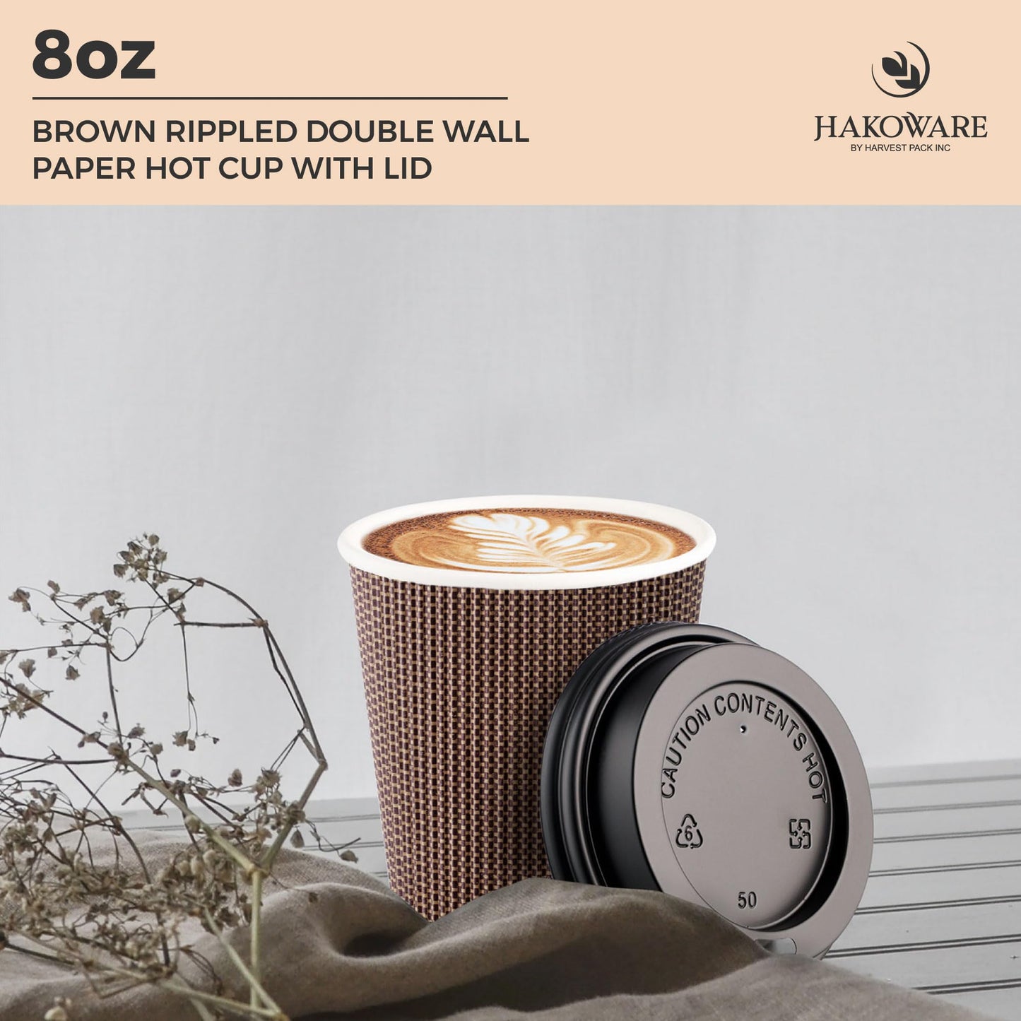 [150 Set] Harvest Pack 8 oz Disposable Coffee Cups, Insulated Ripple Double-Walled Paper Cup with Lid, Brown Geometric, Tea Hot Chocolate Drinks to go Coffee Cups