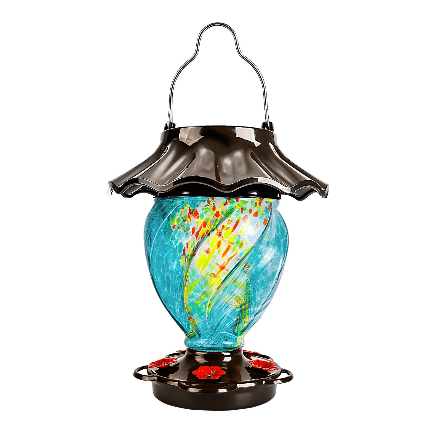 LUJII Solar Powered Hummingbird Feeder for Outside, Hand Blown Glass, Never Leak, Waterproof, Metal Base Top, Lighted Lantern for Garden Decoration, Unique Gift for Bird Lovers, Teal