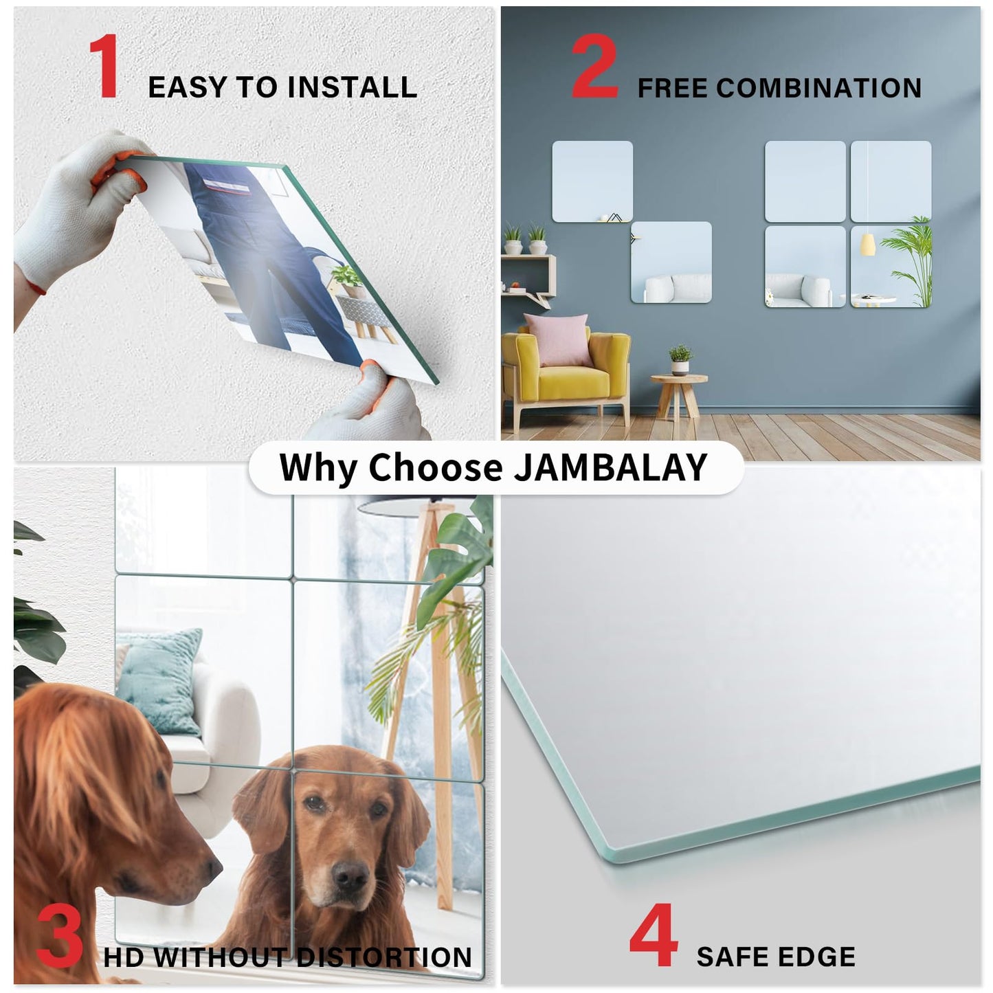JAMBALAY Full Length Wall Mirror Tiles, 12Pcs 14"×12" Home Gym Mirrors for Gym, HD Glass Home Gym Mirror Tiles, Self Adhesive Frameless Wall Mirrors for Bedroom, Living Room, Over The Door