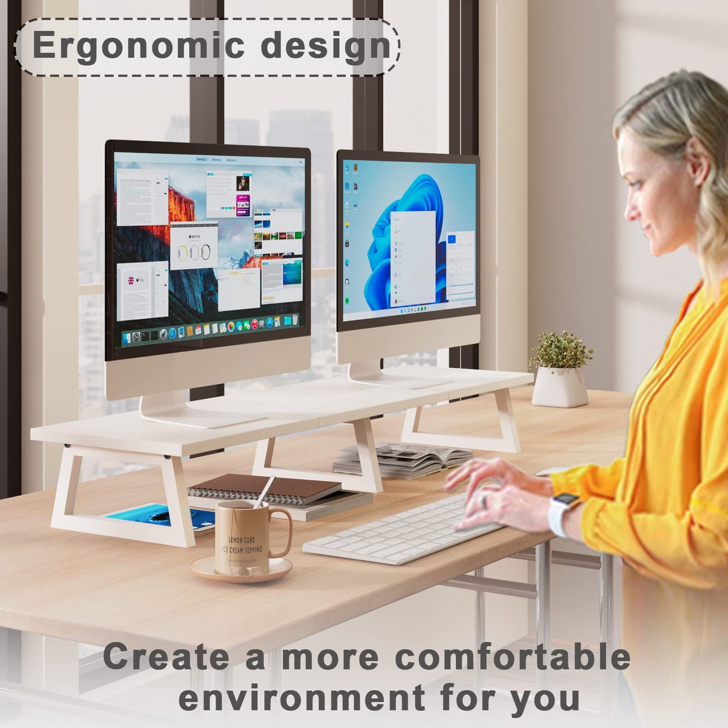 TEAMIX 42 inch White Monitor Riser for 2 Monitors, Wood Desktop Dual Stand with Metal Legs, Long Screen/PC/Laptop Storage,Computer Shelf TV Holder Home Office