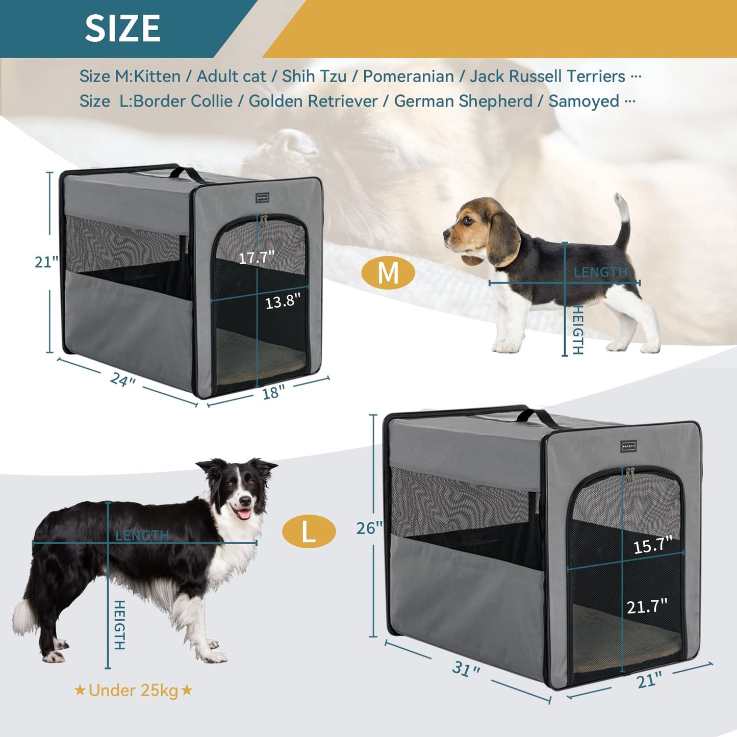 PETSFIT Collapsible Dog Crate, Soft Sided Dog Crate - 31 Inch with Thicken Mat, Easy to Fold, Sturdy and Portable, Perfect for Traveling, Dog Travel Crate Grey