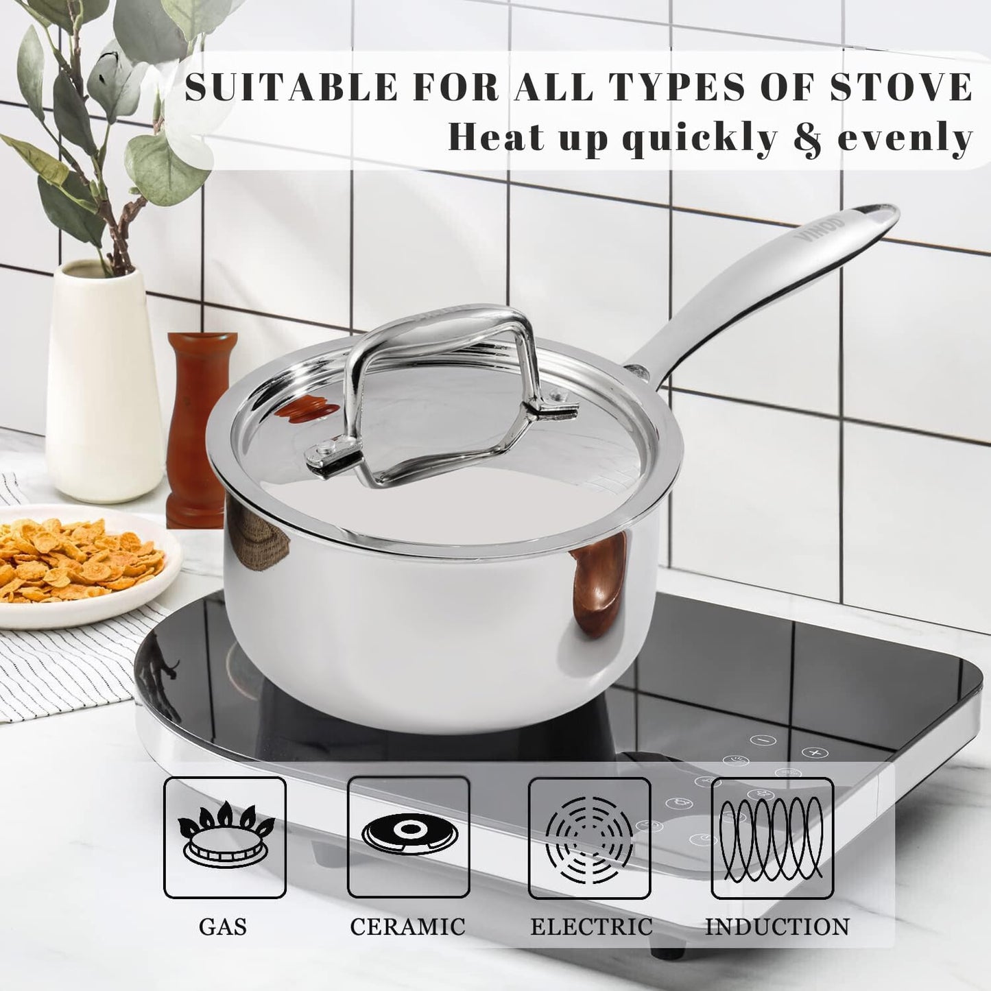 Vinod Triply Clad Stainless Steel Saucepan with Lid - 3.2 Qt (20 cm), Stay-Cool Handle, Multipurpose Sauce Pan, All Stove Compatible, Even Heat Distribution, Dishwasher, Induction Safe, 3.2 Qt Pot