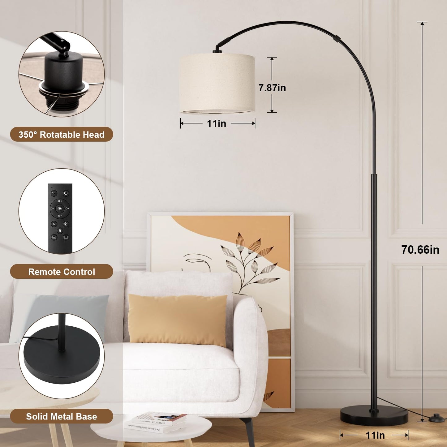 Ambimall 70" Dimmable Arc Floor Lamp with Remote, Color Temperature and Brightness Adjustable, Arched Floor Lamp with Rotating Head, Over Couch Arched Reading Light for Living Room (Beige and Black)