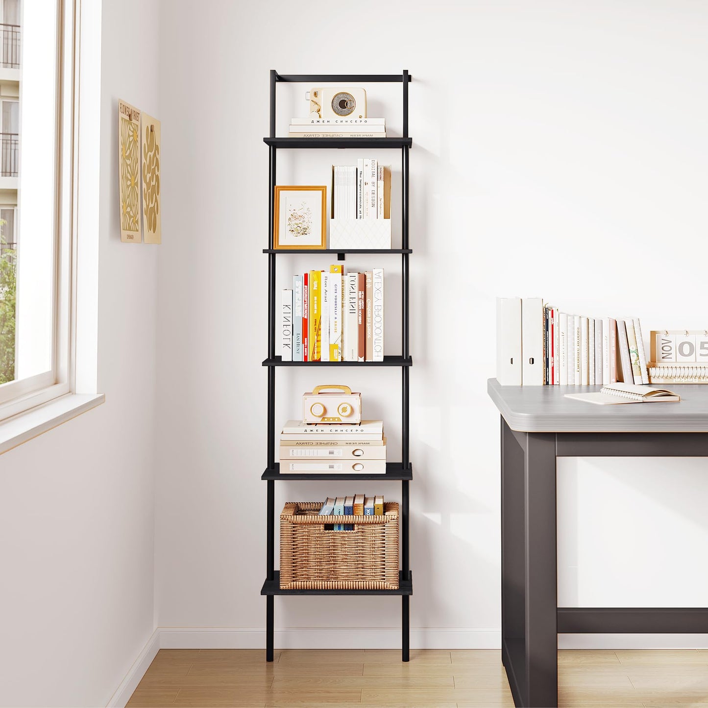 POBOMULI 5-Tier Ladder Shelf, Wall Mounted Ladder Bookshelf with Metal Frame, Wood Tall Open Storage Rack and Display Shelves for Home Office Bedroom Living Room, Black