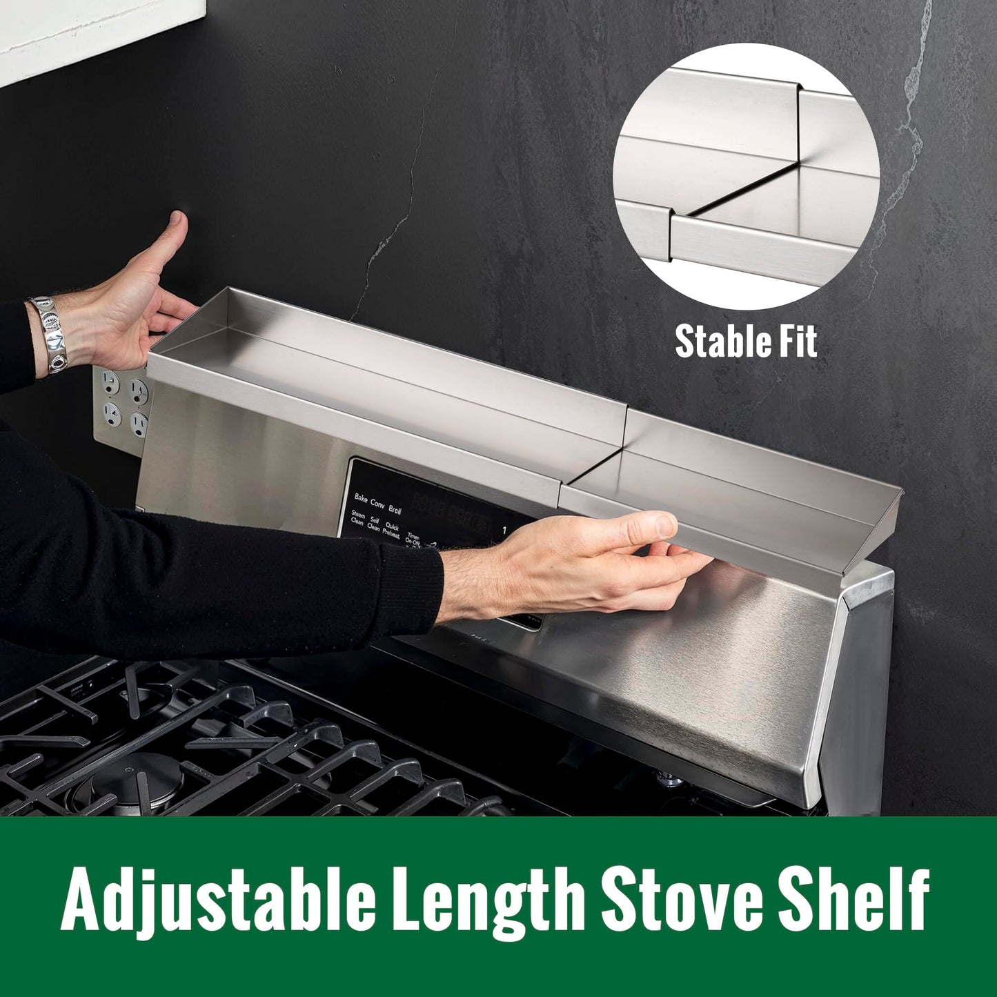 RECAPS 30" Adjustable Length Stainless Steel Stove Top Shelf Spice Rack Organizer Storage Over The Stove Spice Rack Storage Kitchen Organization Stove Shelf for Back of Stove