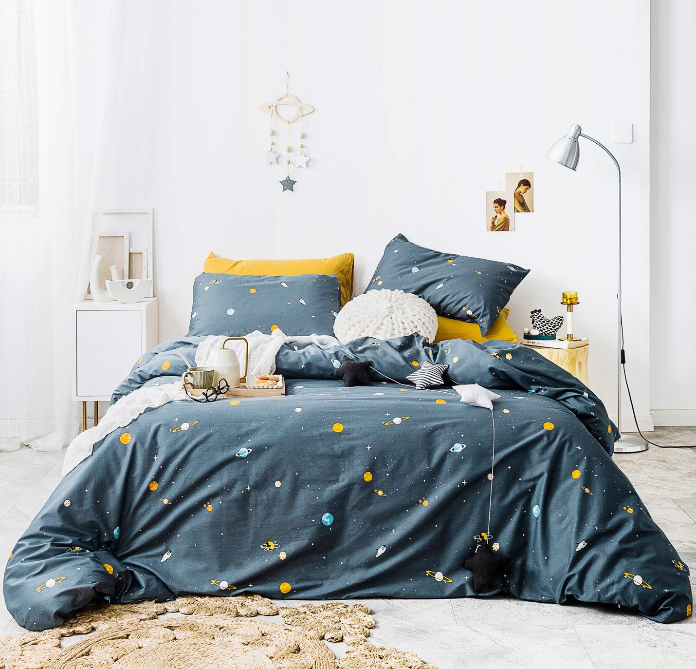 YuHeGuoJi Teal Universe Duvet Cover King Size 100% Cotton 3 Pcs Set 1 Cute Blue Celestial Duvet Cover with Zipper Ties 2 Pillowcases Cartoon Planet Space Stars Bedding Set Soft