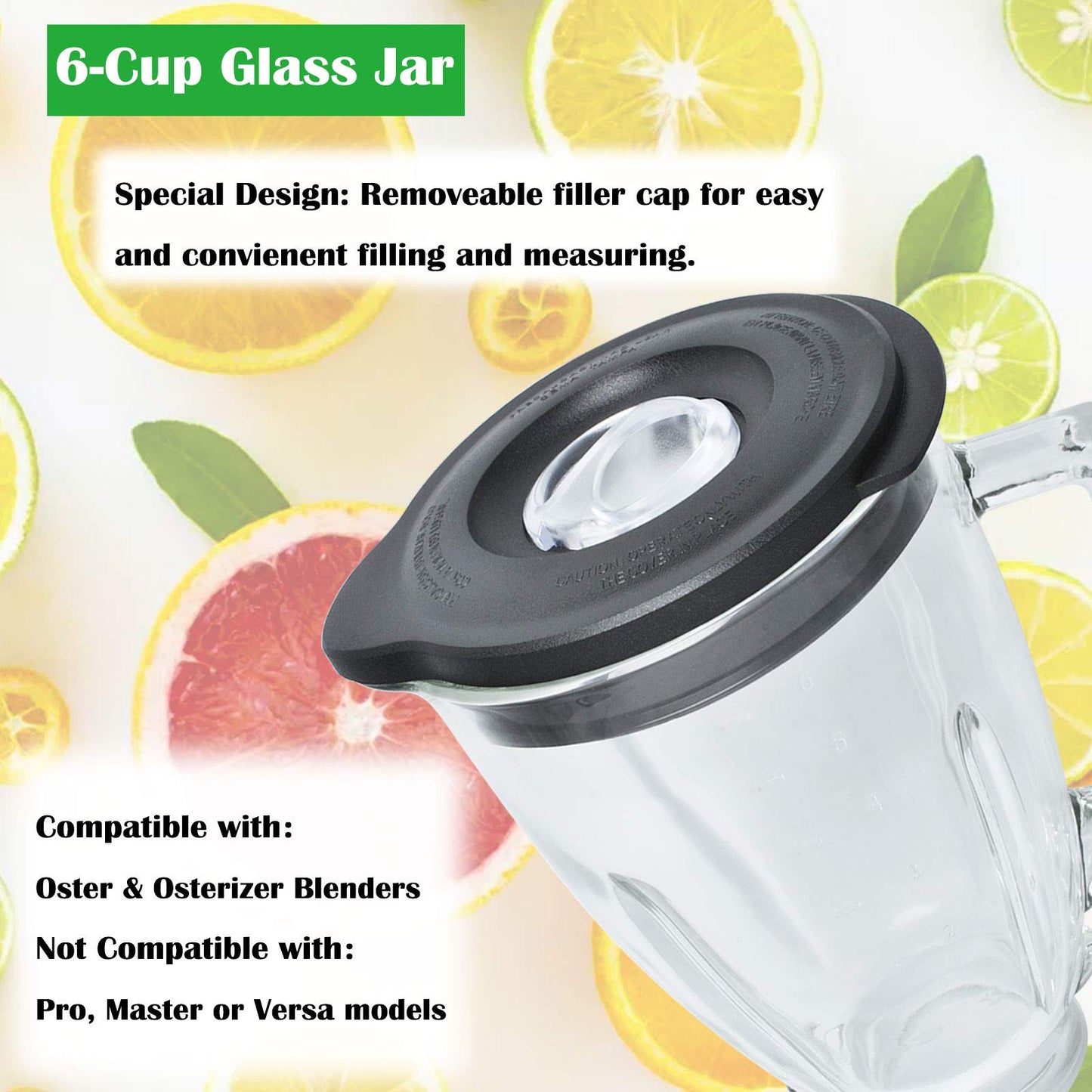 Replacement Parts Compatible with Oster Blender, 6 Cup Glass Blender Replacement Jar with Lid, 4961 4-Point Ice Blade, 4902 Bottom Cap and Rubber Gasket Compatible with Oster & Osterizer