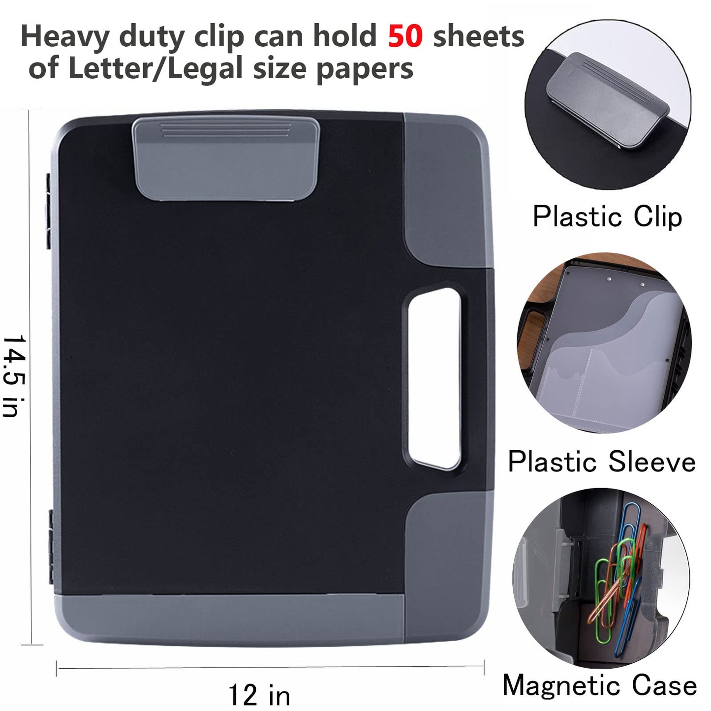 Tradetop Heavy Duty Clipboard With Storage Case, Portable Handle, Side-Opening Box, Letter/Legal Size, 14.5"x12"x1.75", Office Stationery