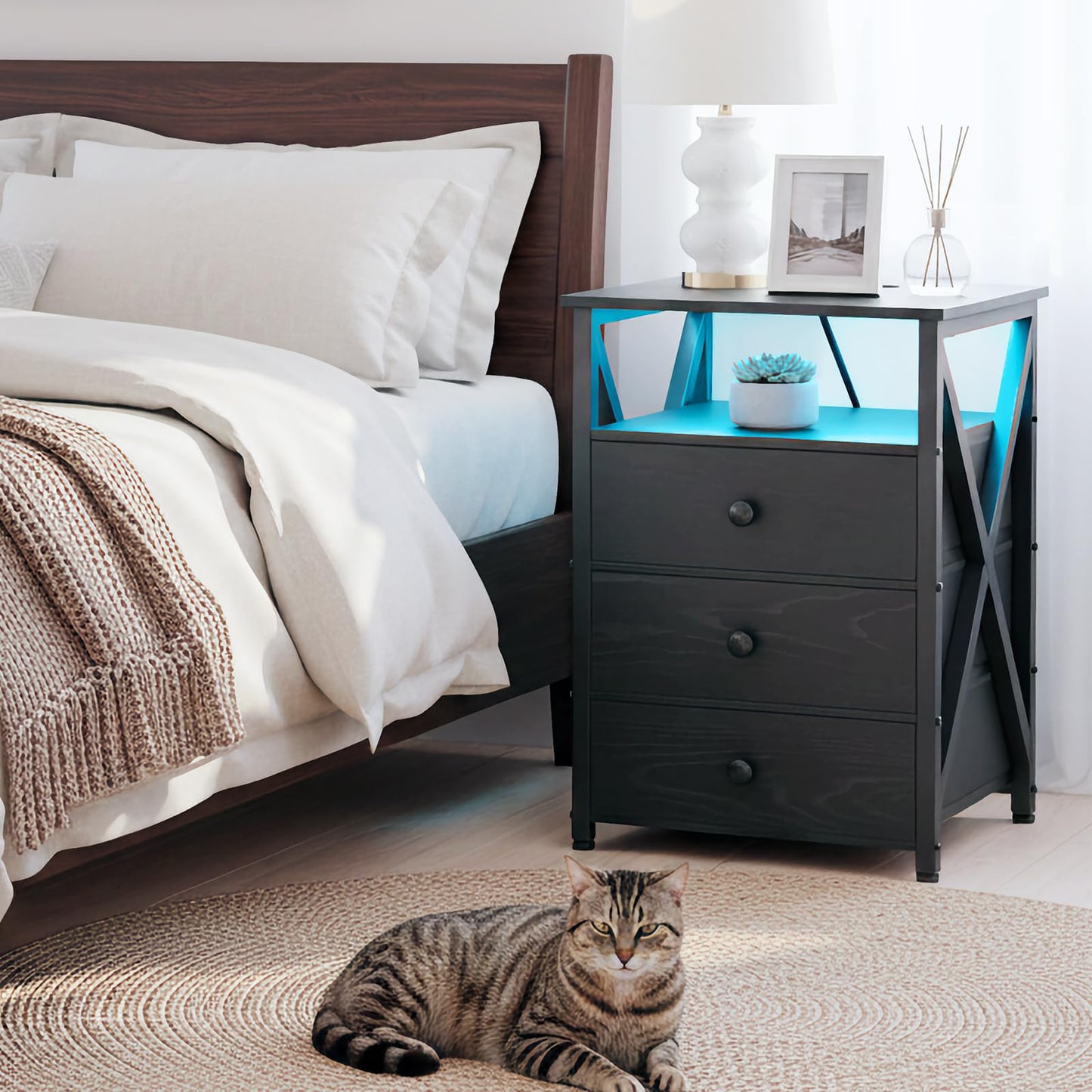 AMHANCIBLE LED Nightstand, End Side Table with Charging Station, Bedside Table with USB Port & Power Outlet, Modern Night Stand with Fabric Storage Drawers HET053LBK1