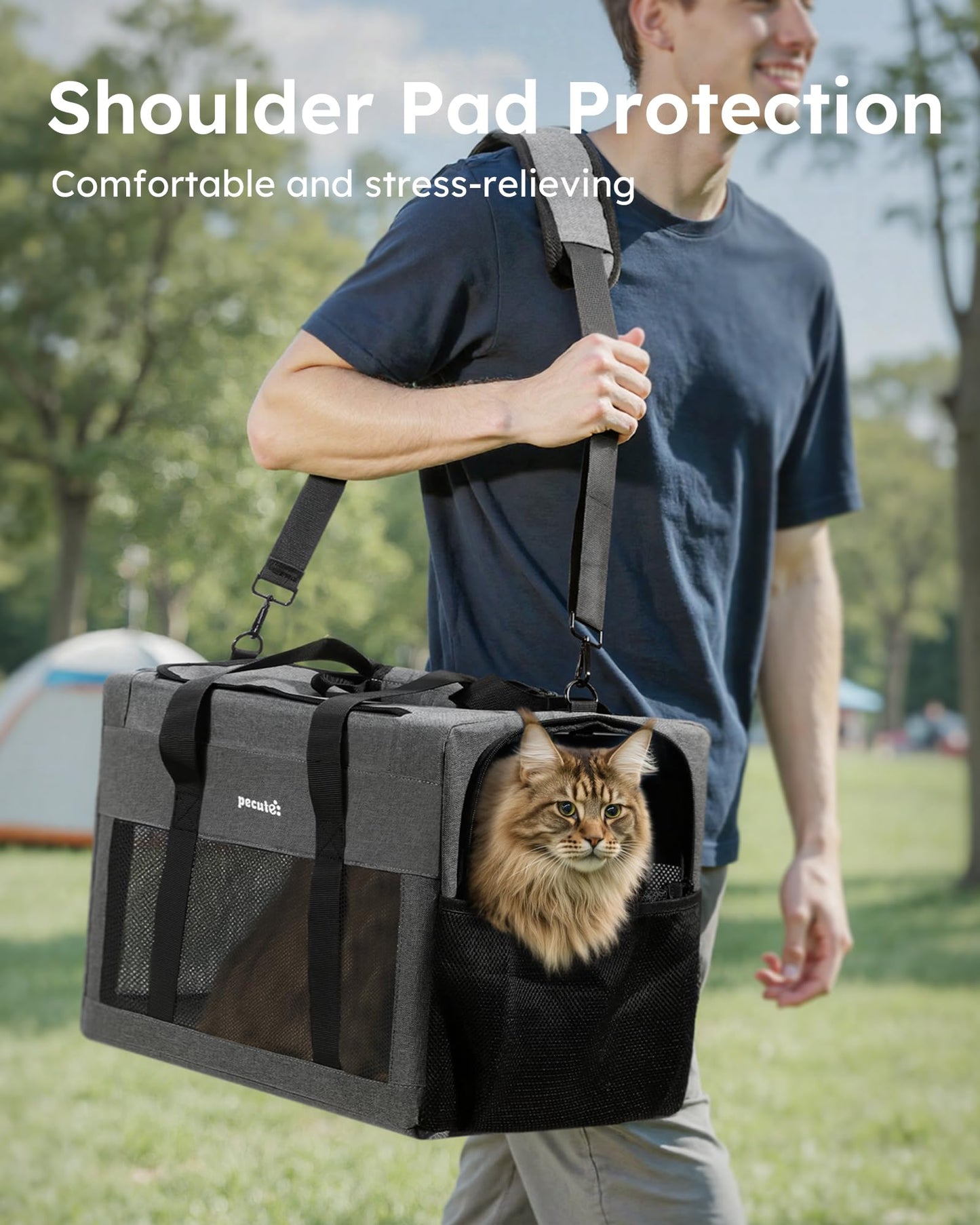 Pecute Cat Carrier 47 * 30 * 33cm, Thickened 5mm Steel Wire Frame, Stable Dog Carrier for Small Dogs, Breathable Foldable Pet Carrier with Sunshade, Suitable for Pets up to 7kg/15lbs (Gray),XL