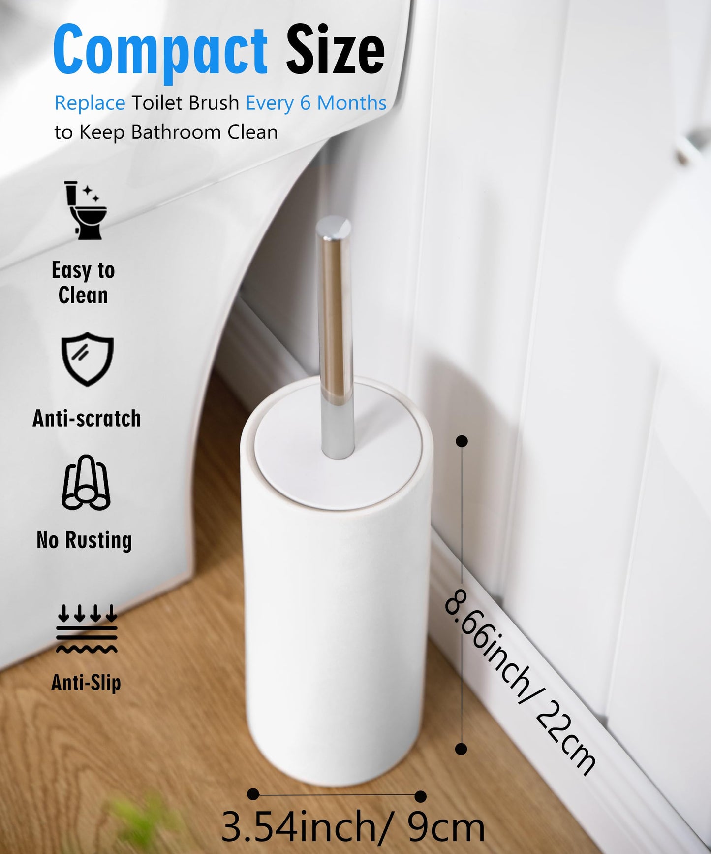 Viosuniu Matt White Ceramic Toilet Brush and Holder Set, Freestanding Toilet Bowl Cleaners Brush, Scrubber Brush for Toilet, Bathroom Accessories with Stainless Handle, Deep Cleaning