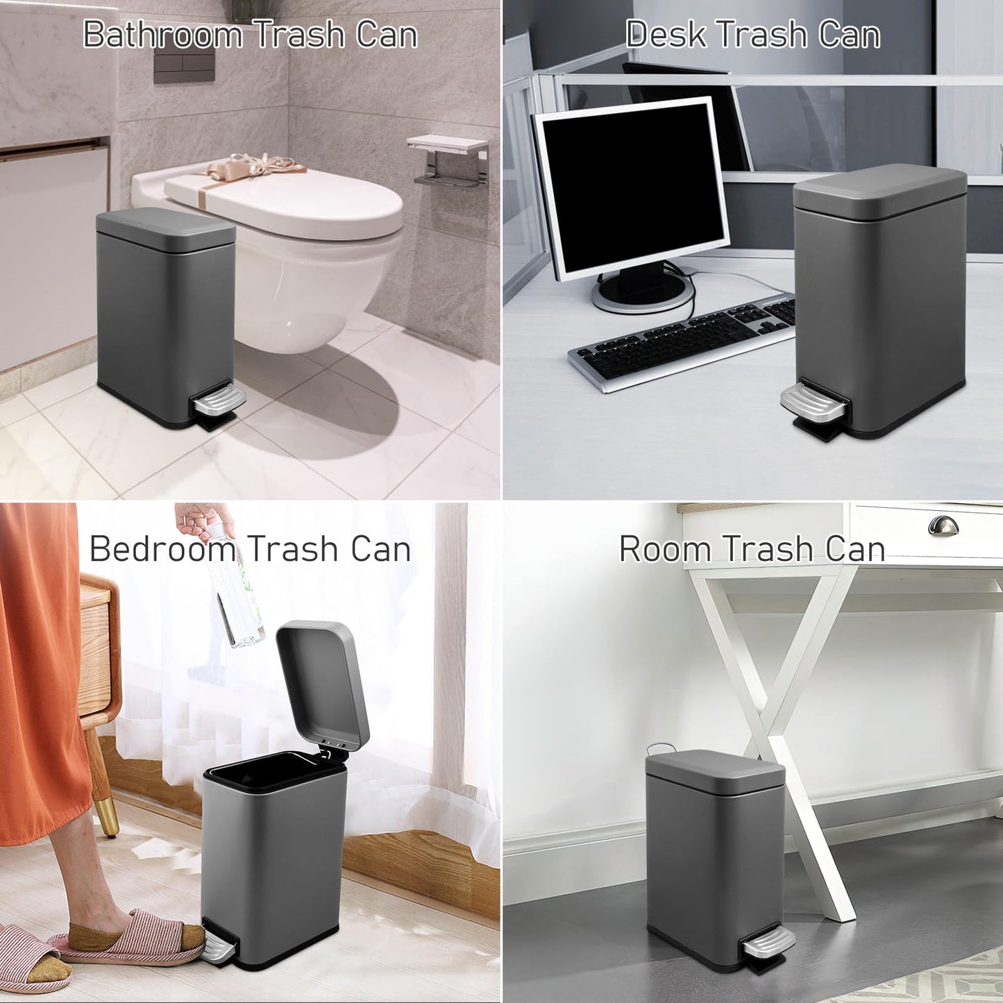 5 Liter/1.3 Gallon Slim Small Trash Can with Lid Soft Close, Stainless Steel Garbage Can for Bathroom Bedroom Office, Rectangular Step Trash Bin with Removable Inner Waste Basket (Platinum Gray)