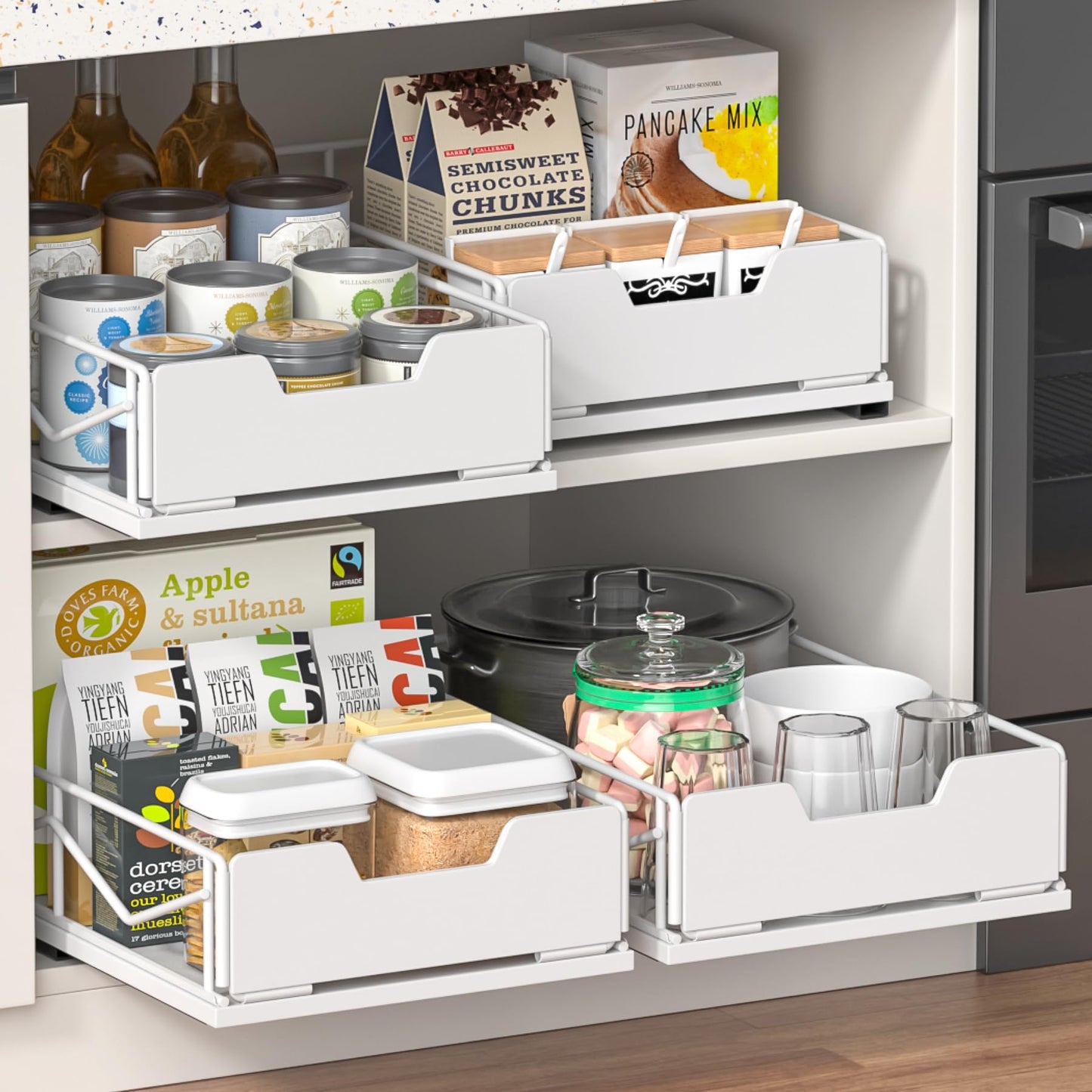 Pull Out Cabinet Organizer, Pantry Slide Out Drawer Organizer with Adhesive Strips, Heavy Duty Under Sink Organizer, Storage and Organization for Kitchen, Bathroom, 15.7" D x 9.8" W x 4" H
