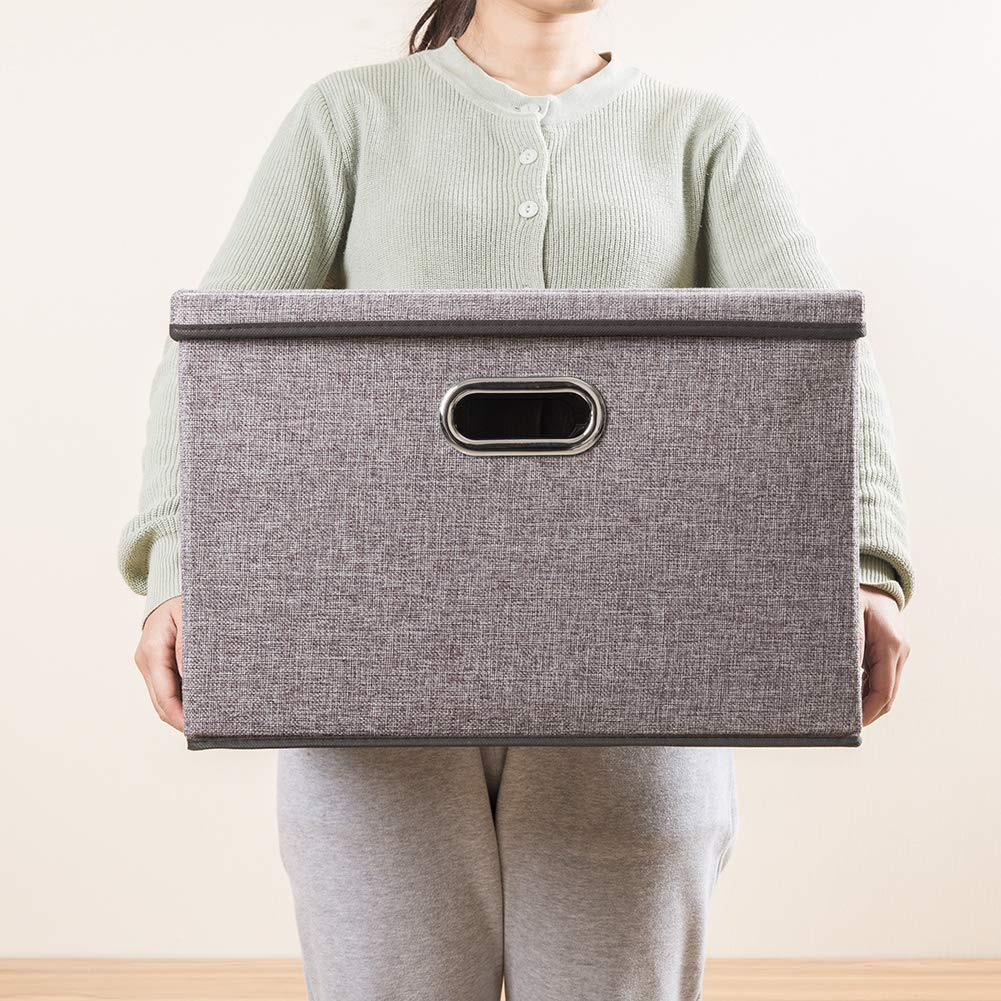 PRANDOM Large Collapsible Storage Bins with Lids [3-Pack] Linen Fabric Foldable Storage Boxes Organizer Containers Baskets Cube with Cover for Home Bedroom Closet Office Nursery (17.7x11.8x11.8")