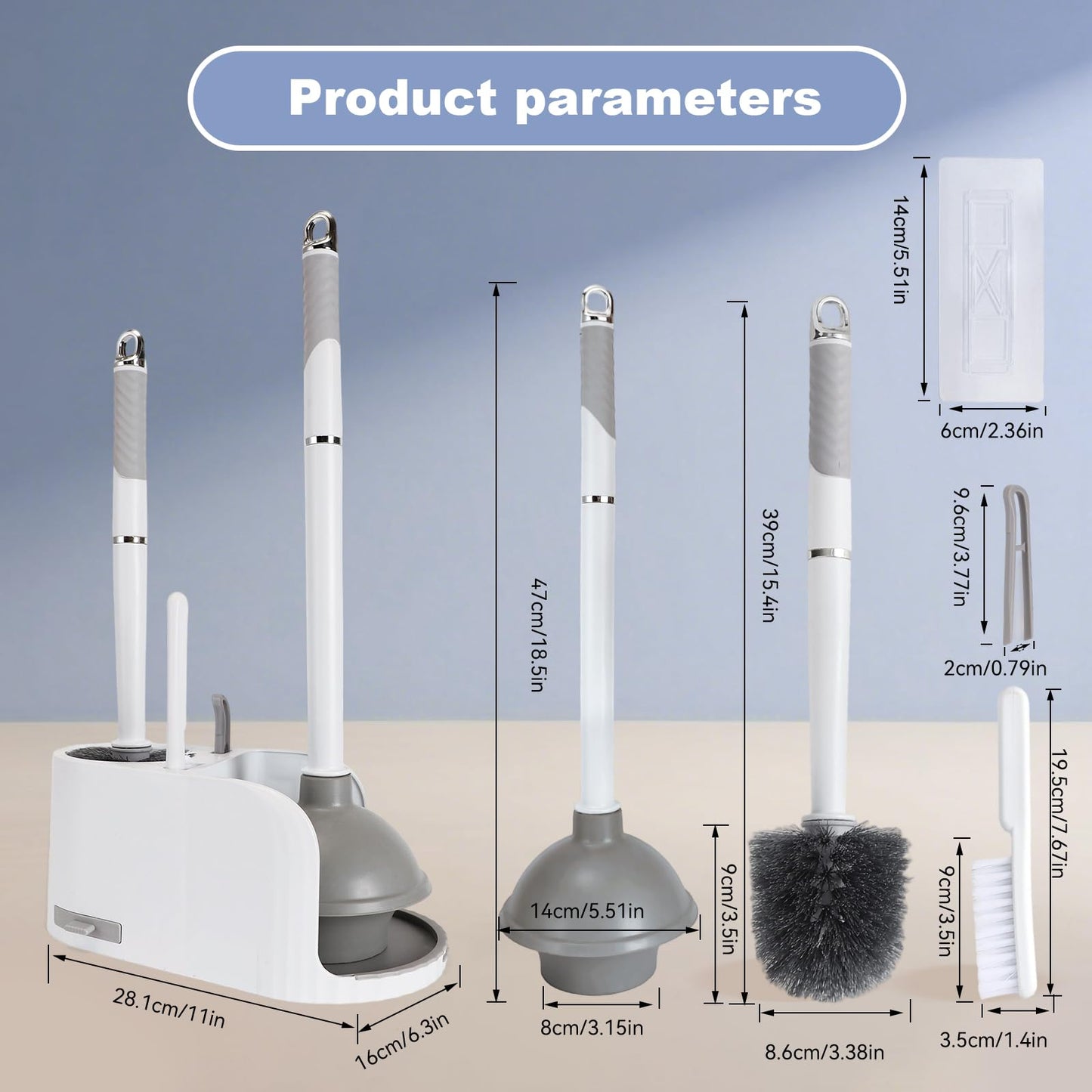 Toilet Brush and Plunger Set 4 in 1 Toilet Brush and Holder with Crevice Cleaning Brush and Clip Deep Cleaning, Wall Mounted Home Bathroom Cleaning Tool Combo （Gray 1）