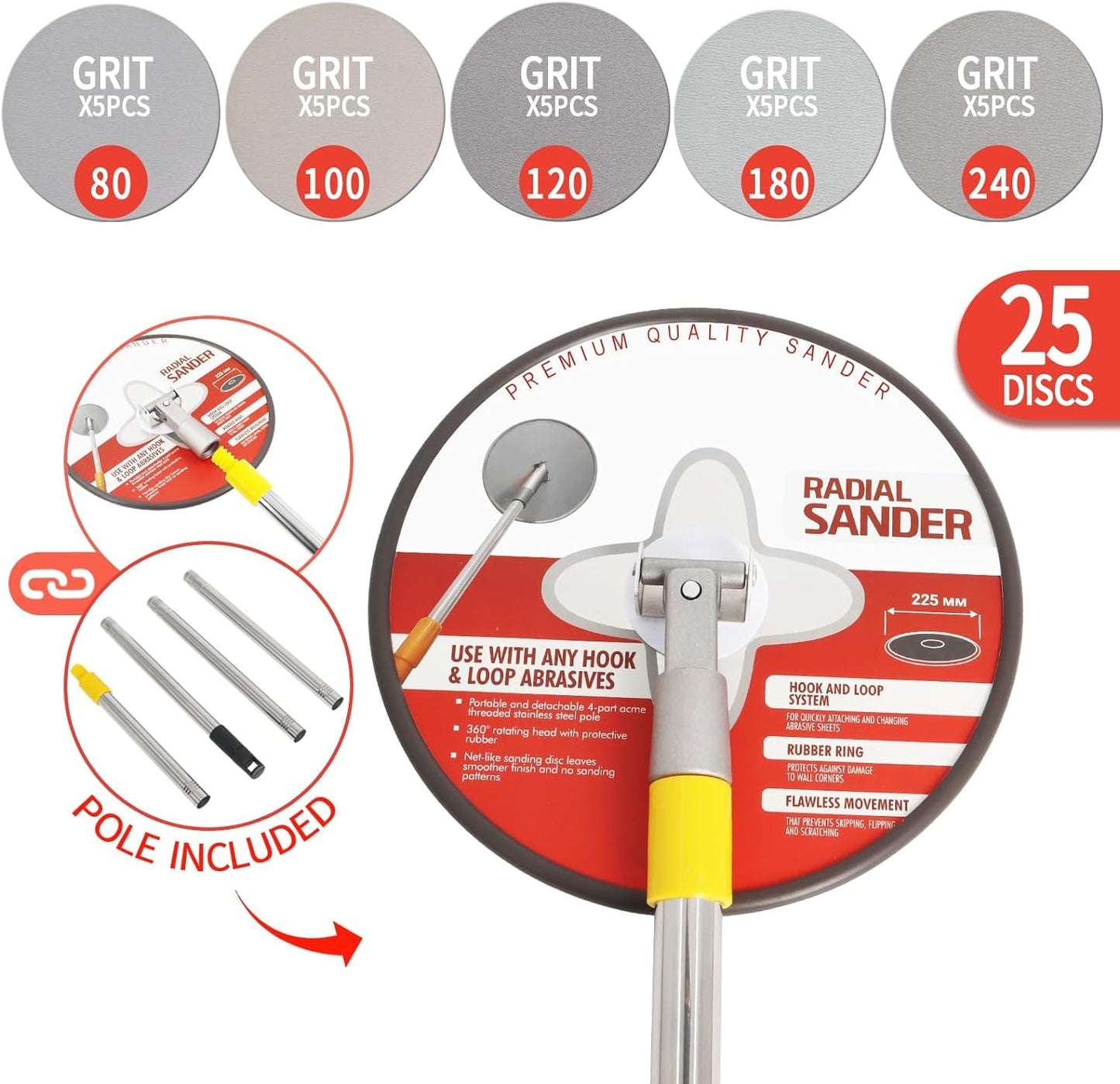 9" Drywall Sander with Extension Pole for Wall Cleaning and Polishing, 360 Circular Radial Sander + 25pcs Sanding Discs