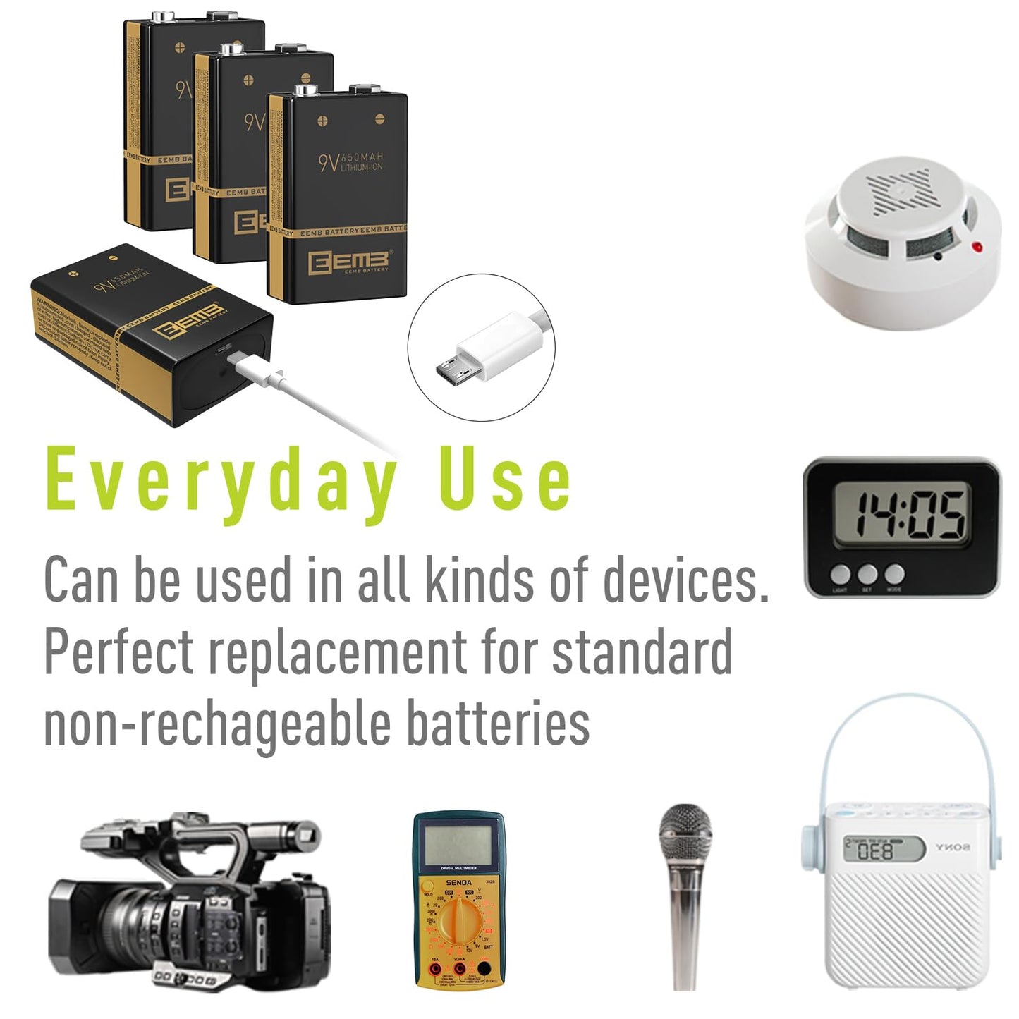 EEMB 9 Volt Rechargeable Batteries 650mAh with 4-Packs M7014LW LCD 9V Rechargeable Smart Battery Charger for Keyboard Microphone Smoke Alarm/Detector Guitar Cameras Toys & More