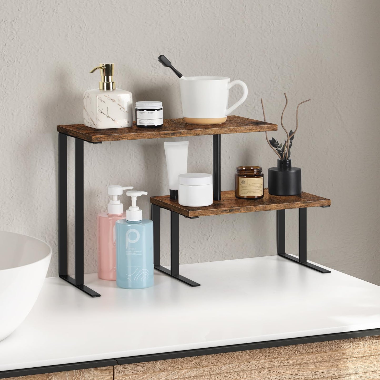 Shinoske Desk Shelf Organizer,15.7" Adjustable Corner Shelf Organizer,2-Tier Small Desktop Bookshelf,Spice Rack,Home Office Wood Display Shelf,Rustic Brown