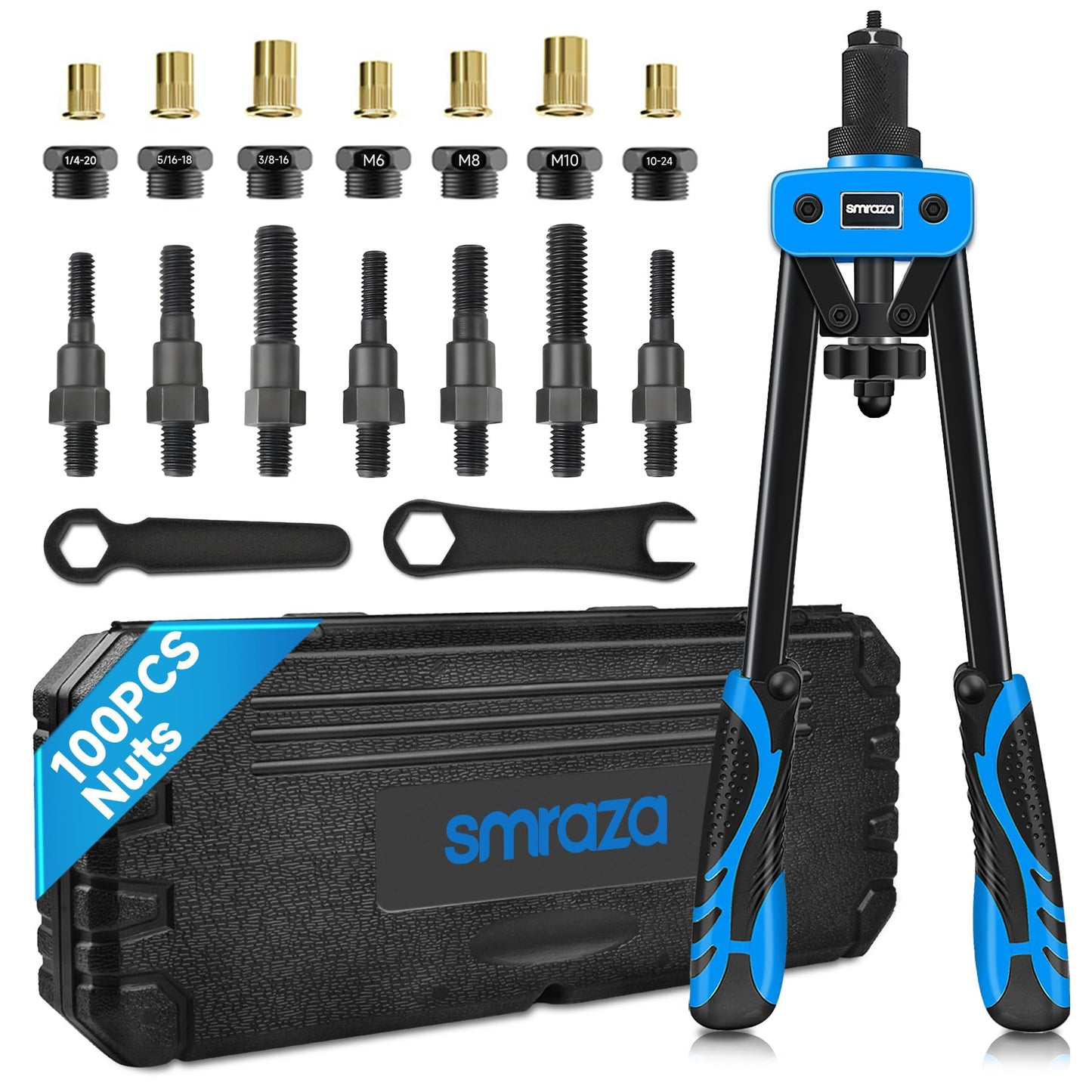Smraza 14'' Rivet Nut Tool with 100PCS Rivnuts, Professional Rivet Nut Setter Kit, Hand Blind Riveter with 7PCS Metric & Inch Mandrels, Rugged Carrying Case 10-24 M6 M8 M10 1/4-20, 5/16-18, 3/8-16