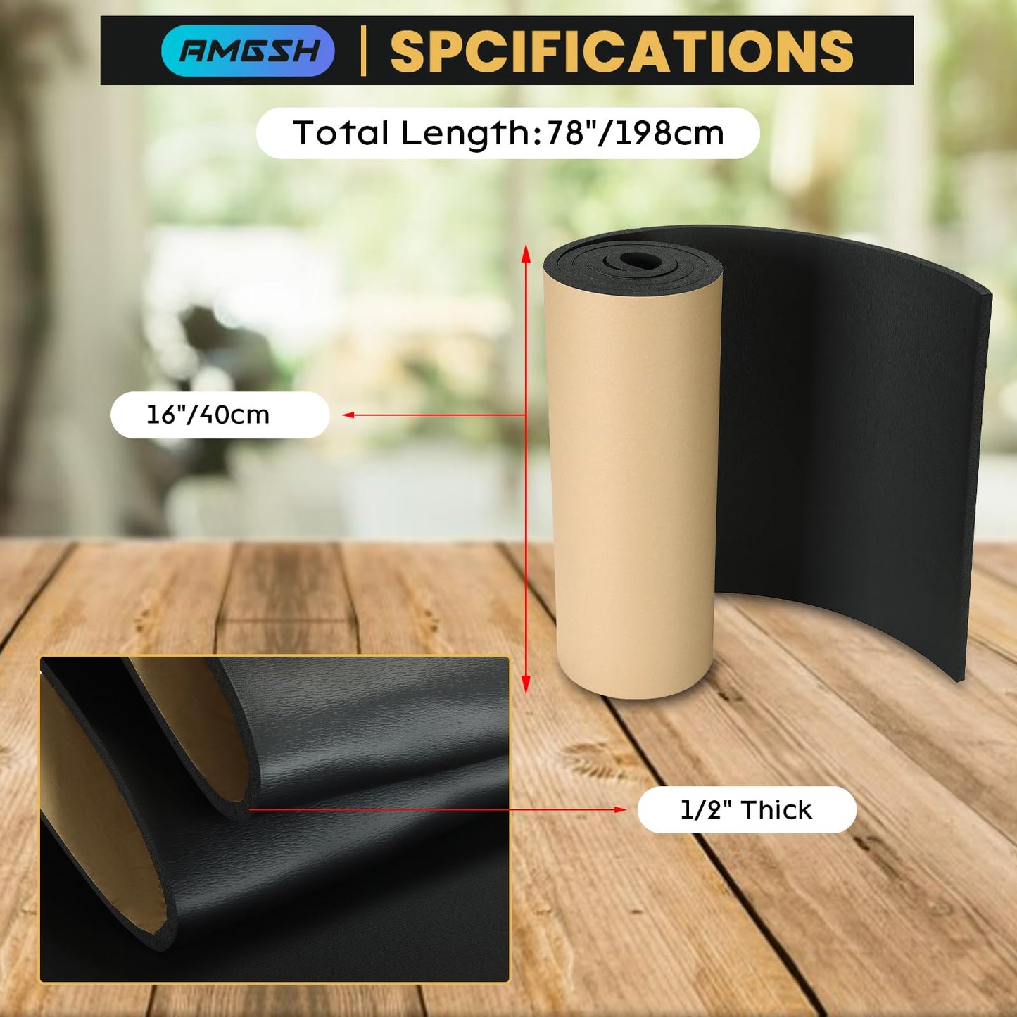 AMGSH 78in Extra Large Marine Foam Roll Sheet with Adhesvie, 1/2"Thick × 16"Wide × 78"Long Closed Cell Rubber Neoprene Foam Padding, Weather-Resistant Insulation Sheets for Crafting, Soundproofing