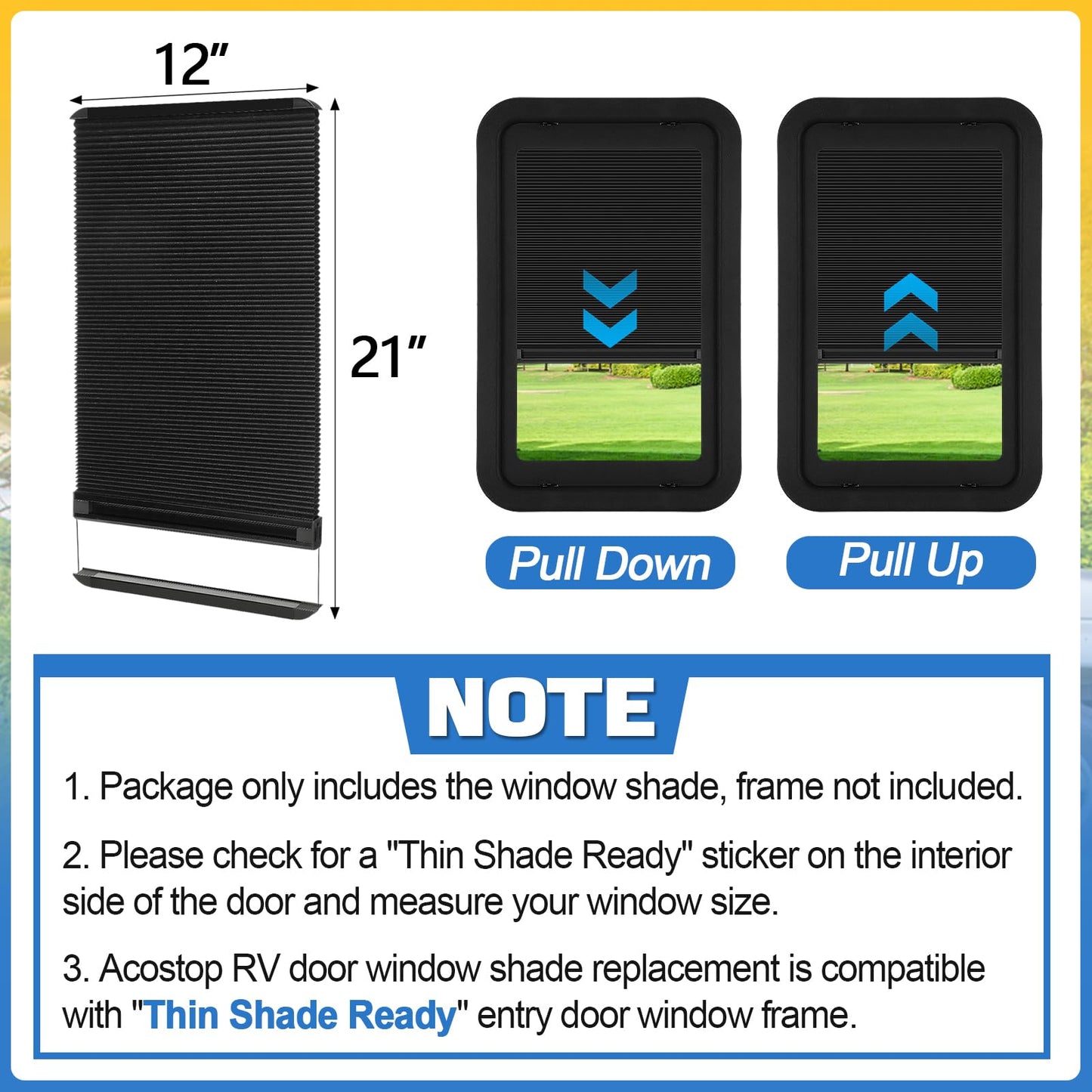Acostop RV Pleated Shades Replacement for Lippert Prepped Entry Doors, 12'' x 21'' - RV Door Window Blinds with Double Layer Cellular Sun Shade & Aluminum Rails for RV Campers Travel Trailers