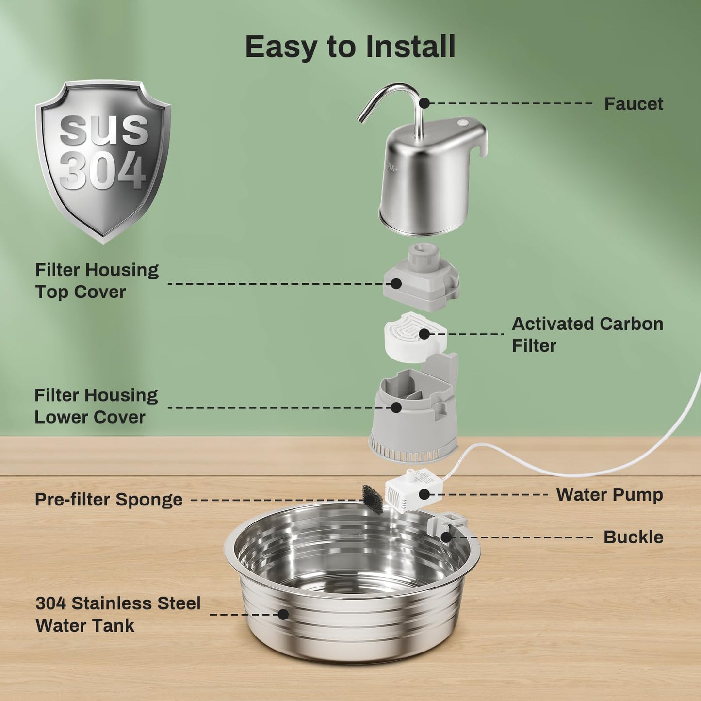 Dog Water Fountain, 4L/135OZ Stainless Steel Pet Fountain Dog Water Dispenser Bowl Cat Drinking Fountains Watering Supplies with Ultra-Quiet Pump for Cats, Dogs, Multiple Pets Indoor