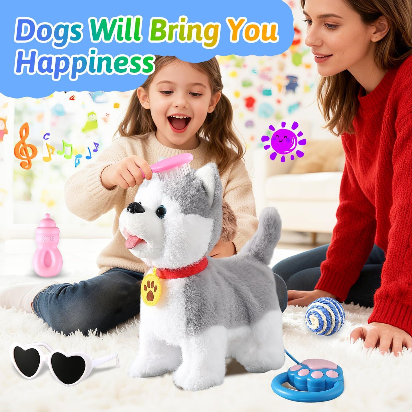 Walking Barking Singing Husky Puppy Toy, Repeats What You Say, Realistic Licking Tongue Wagging Tail Mechanical Dog with Electronic Touch or Voice Control, Interactive Music Dancing Plush Pet for Kids