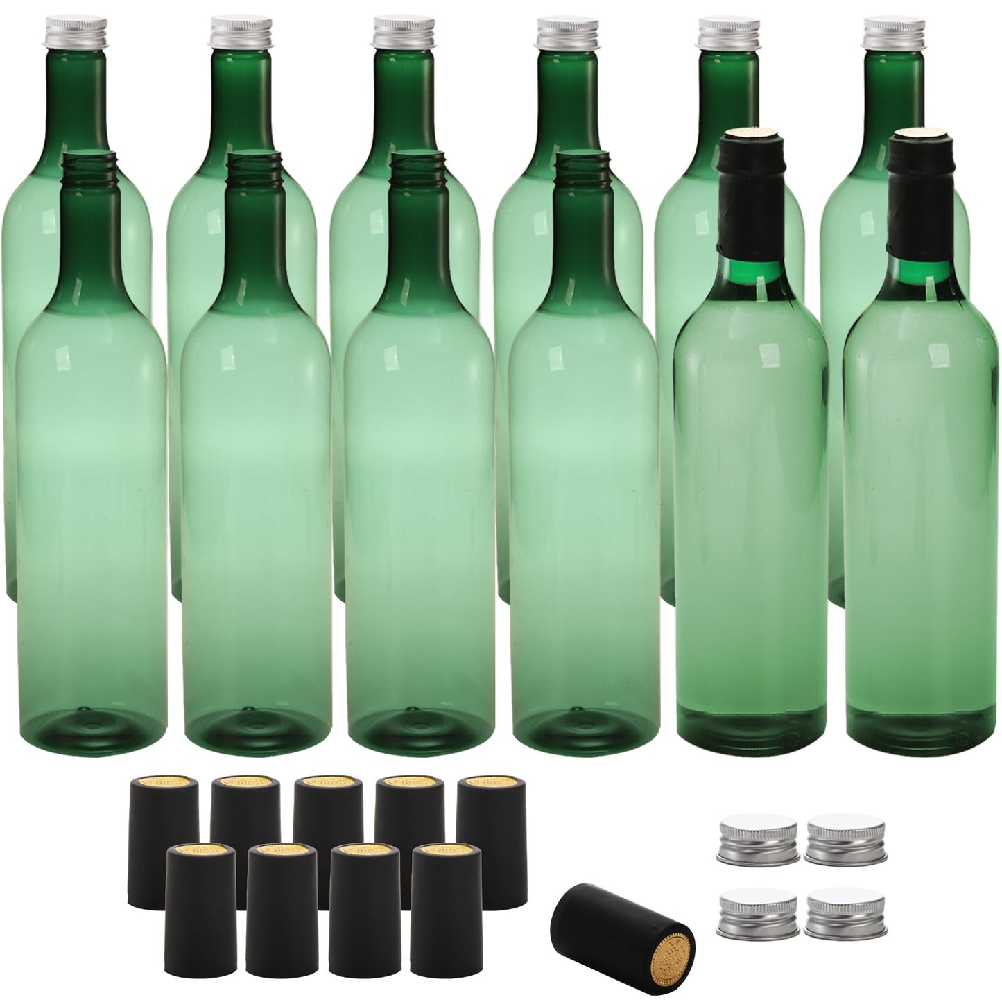 WUWEOT 12 Pack Plastic Wine Bottles, 750ml Empty Bordeaux-Style Liquor Bottles, Reusable Green Long Neck Wine Bottles with Screw Lid and Shrink Capsules Caps