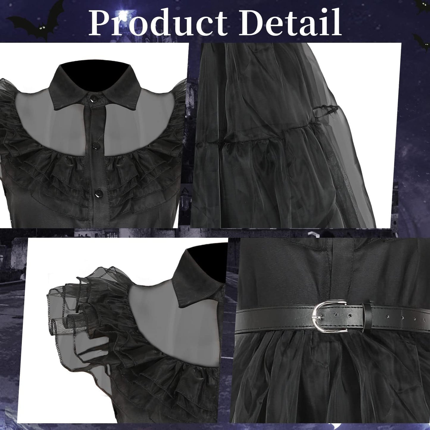 Black Costume Dress for Girls Princess Lace Tulle Skirt with Wig Socks Halloween Cosplay Party Outfit