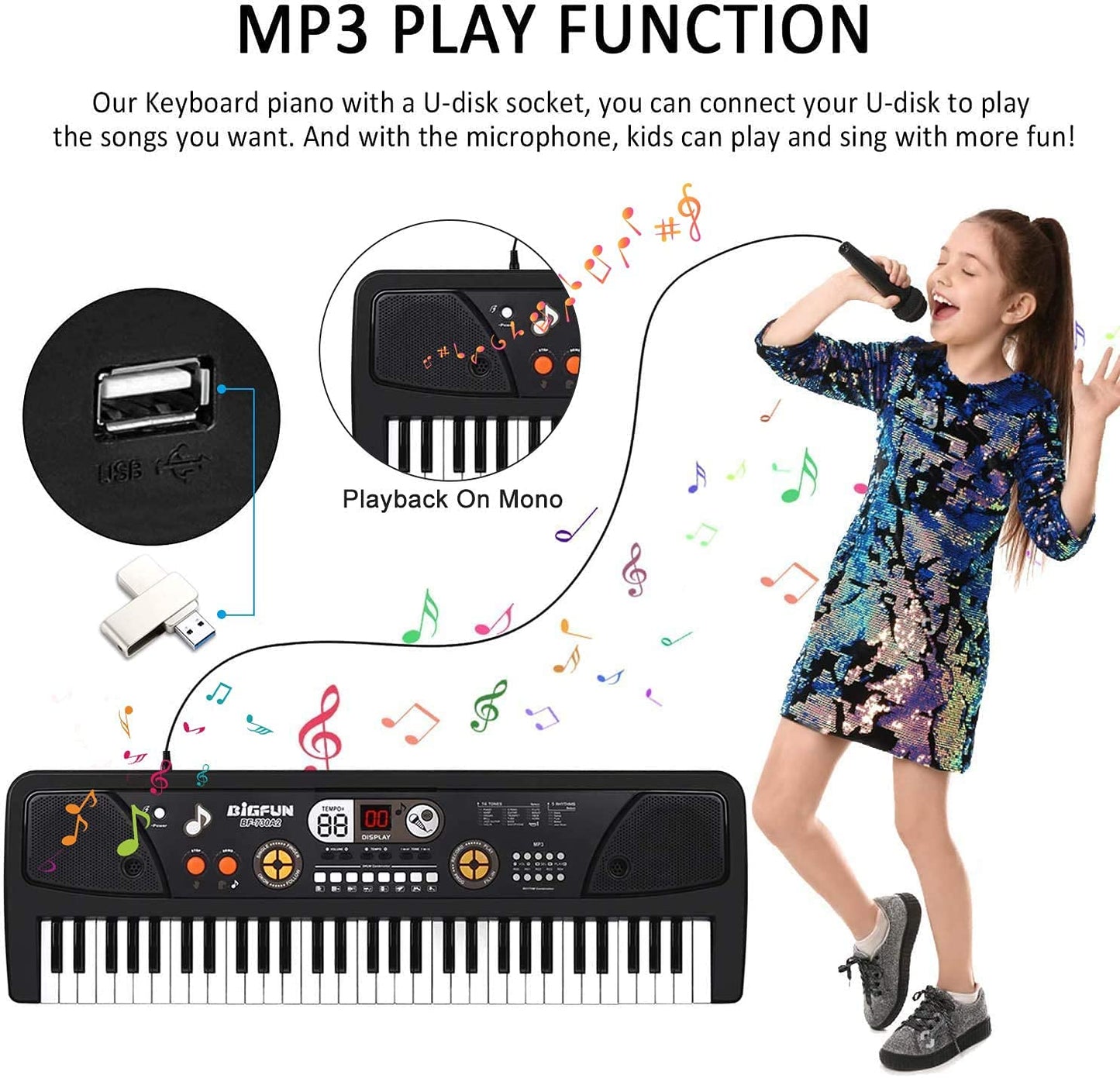 Electronic Piano Keyboard 61-Key Kids Pianos with LED Screen Protable Kid Keyboard with Microphone Musical Instrument Toys Gift for Boys Girls