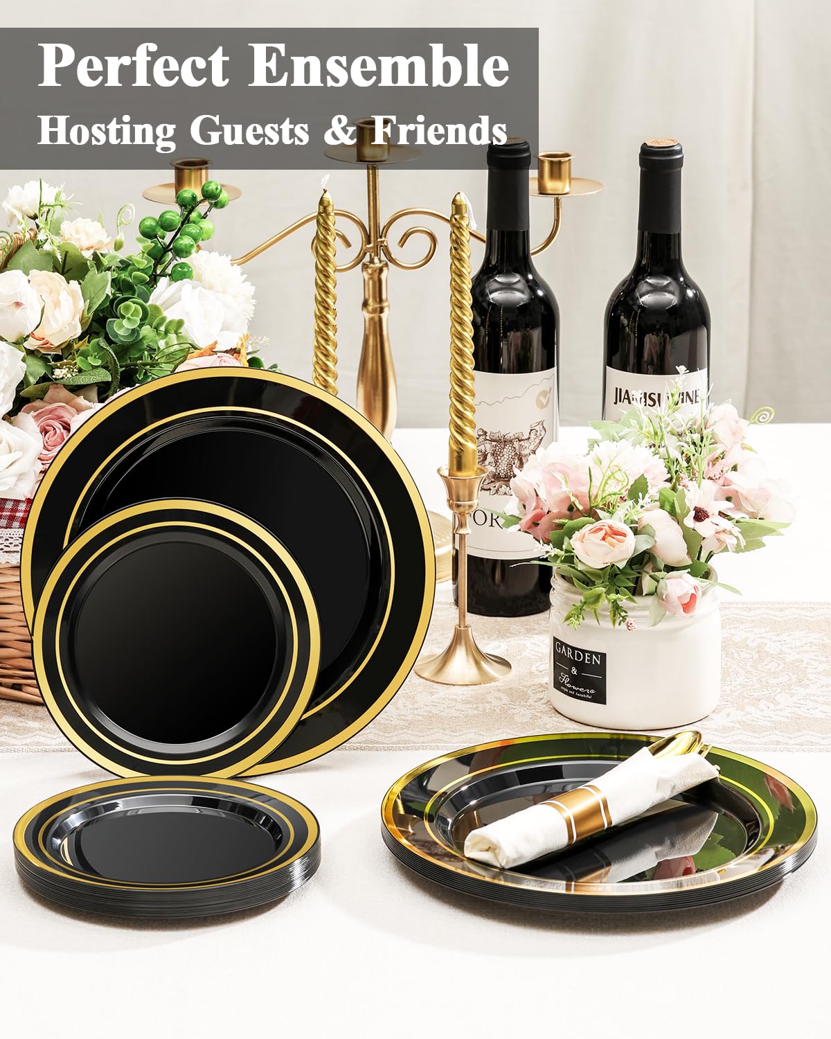100PCS Black Plastic Plates Set with Gold Rim, 50 10.25 inch Dinner Plates and 50 7.5 inch Dessert Plates, Premium Disposable Plates forfor Party, Wedding, Holiday,And Halloween