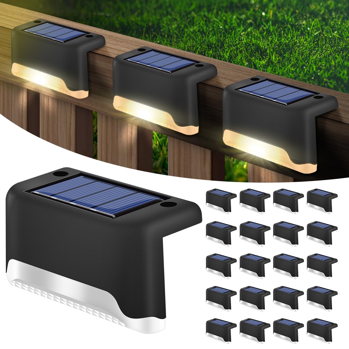 20 Pack Solar Deck Lights, Outdoor Waterproof Solar Step Lights for Deck, Step, Stair, Yard, Fence, Patio and Pathway (Warm White)