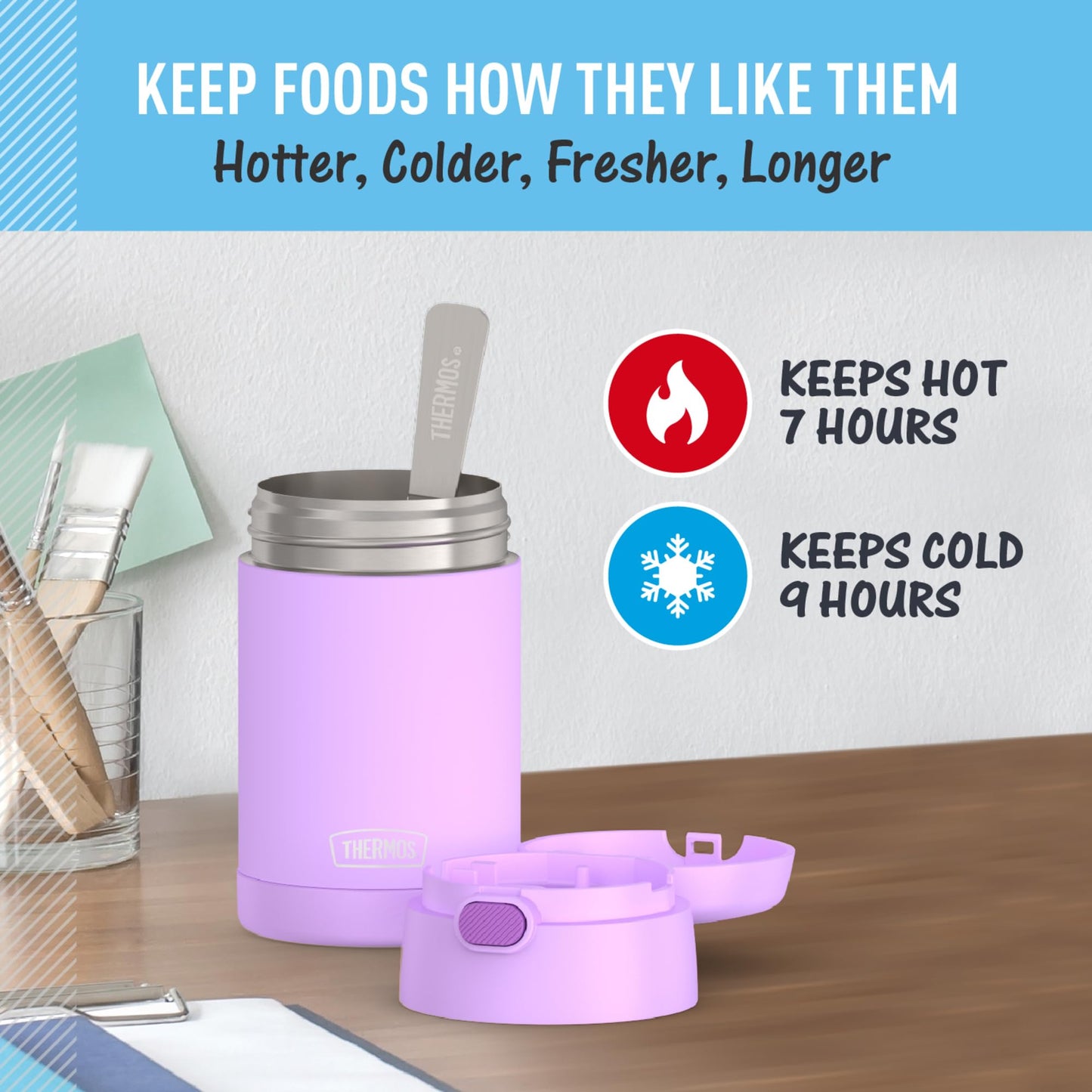 THERMOS FUNTAINER 16 Ounce Stainless Steel Vacuum Insulated Food Jar with Spoon, Neon Purple