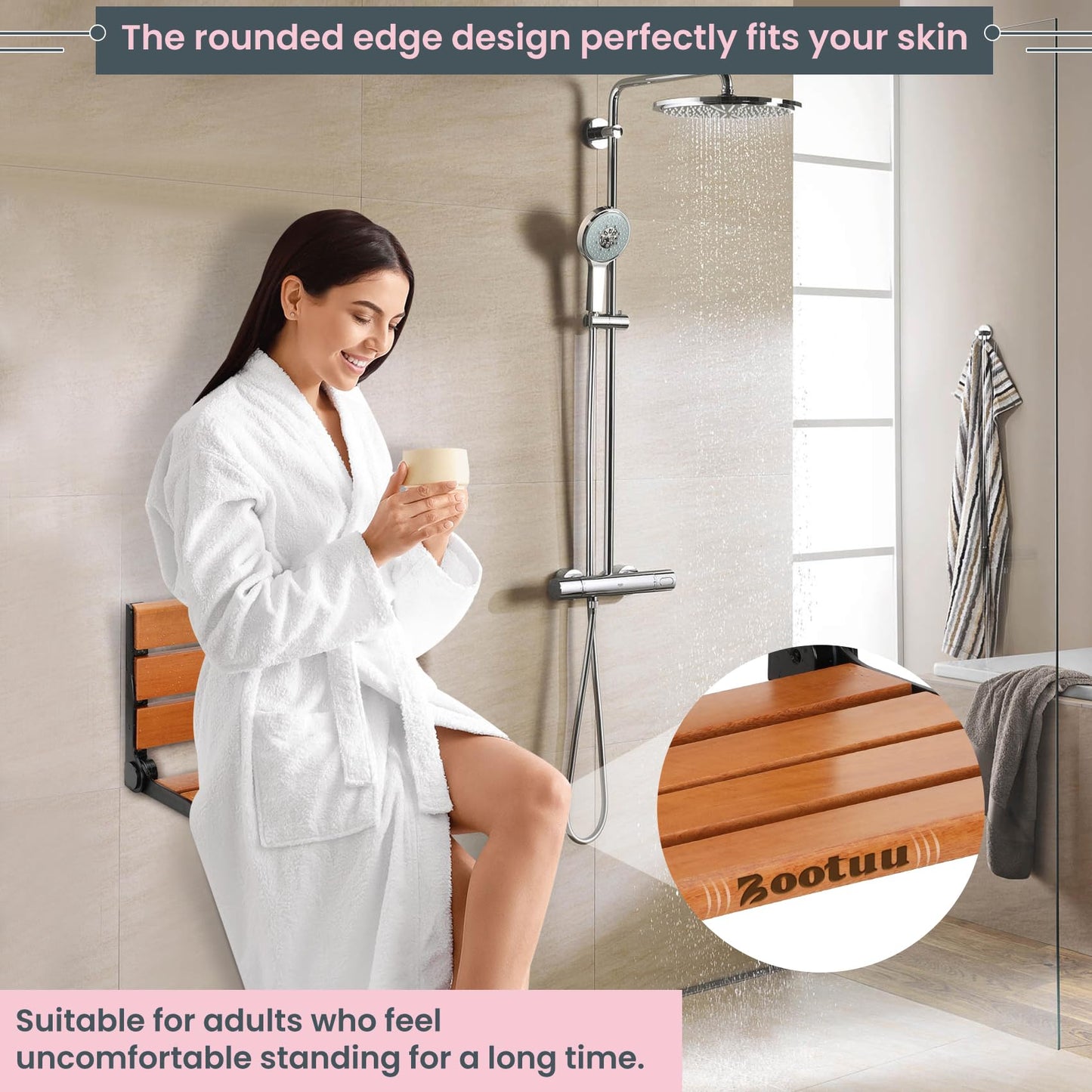 18" Teak Folding Shower Seat Wall Mounted,Fold Down Shower Bench for Small Shower Space, Home Care Teak Wood Seat for Inside Shower