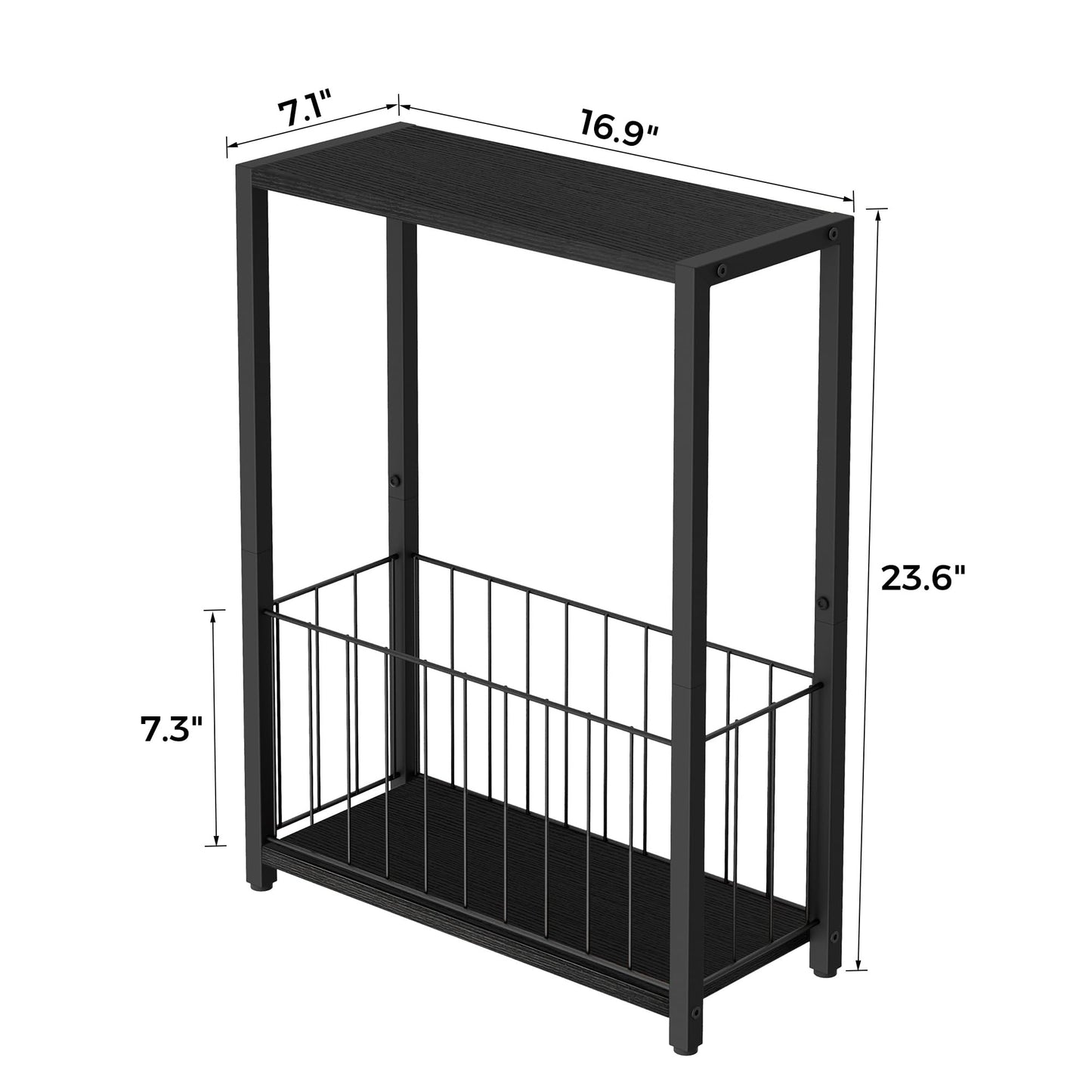 Homleke Narrow Side Table with Magazine Holder, Skinny End Table Perfect for Small Spaces, Space-Saving Design for Living Room, Bedroom, or Office, 18 x 43 x 60 cm, Black