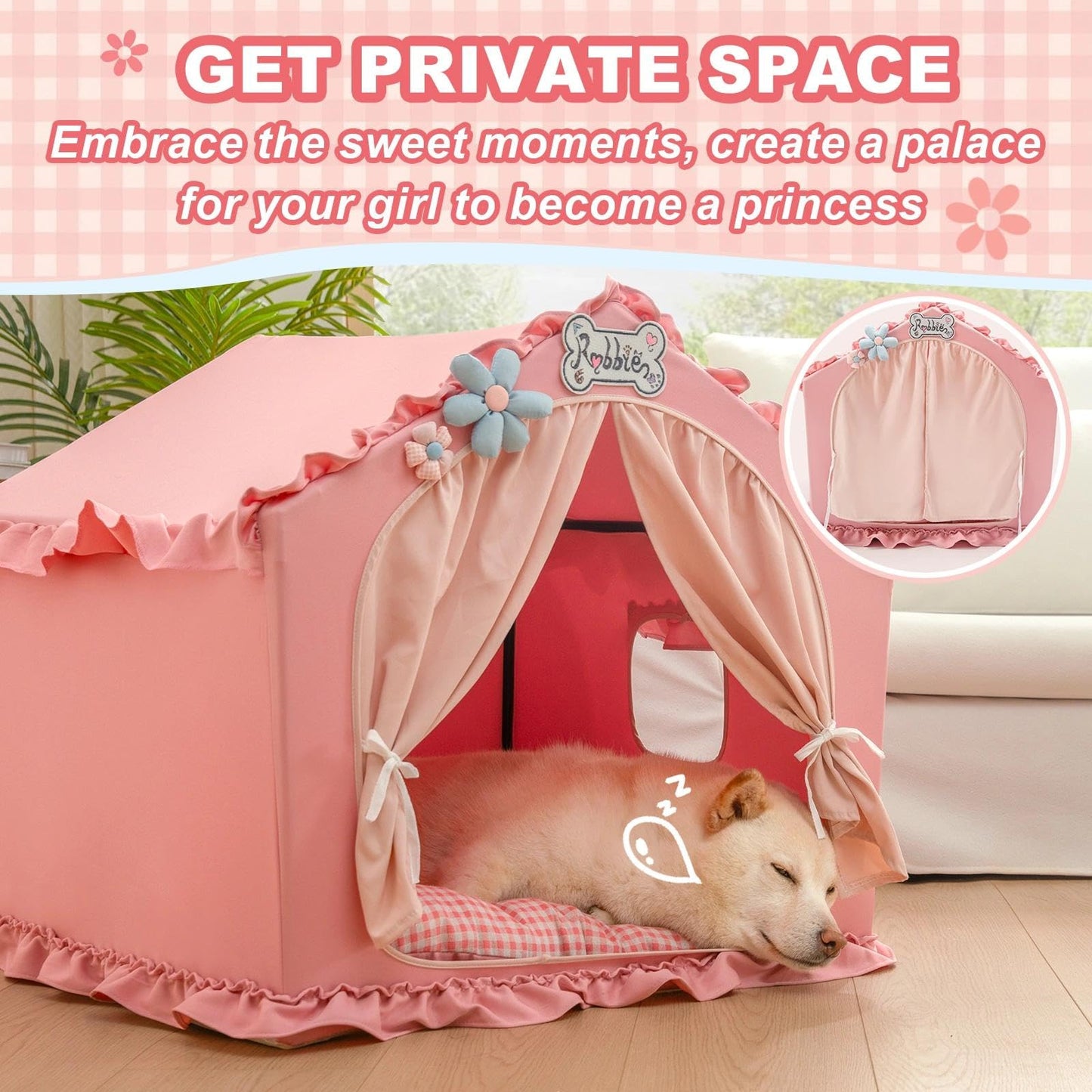 Jiupety Indoor Dog House with Frame, Cute Dog Tent Bed with Cover Cave, Breathable, Washable, and Foldable House, Suitable for 20-40 Lb, Large (25"×25"×25"), Pink