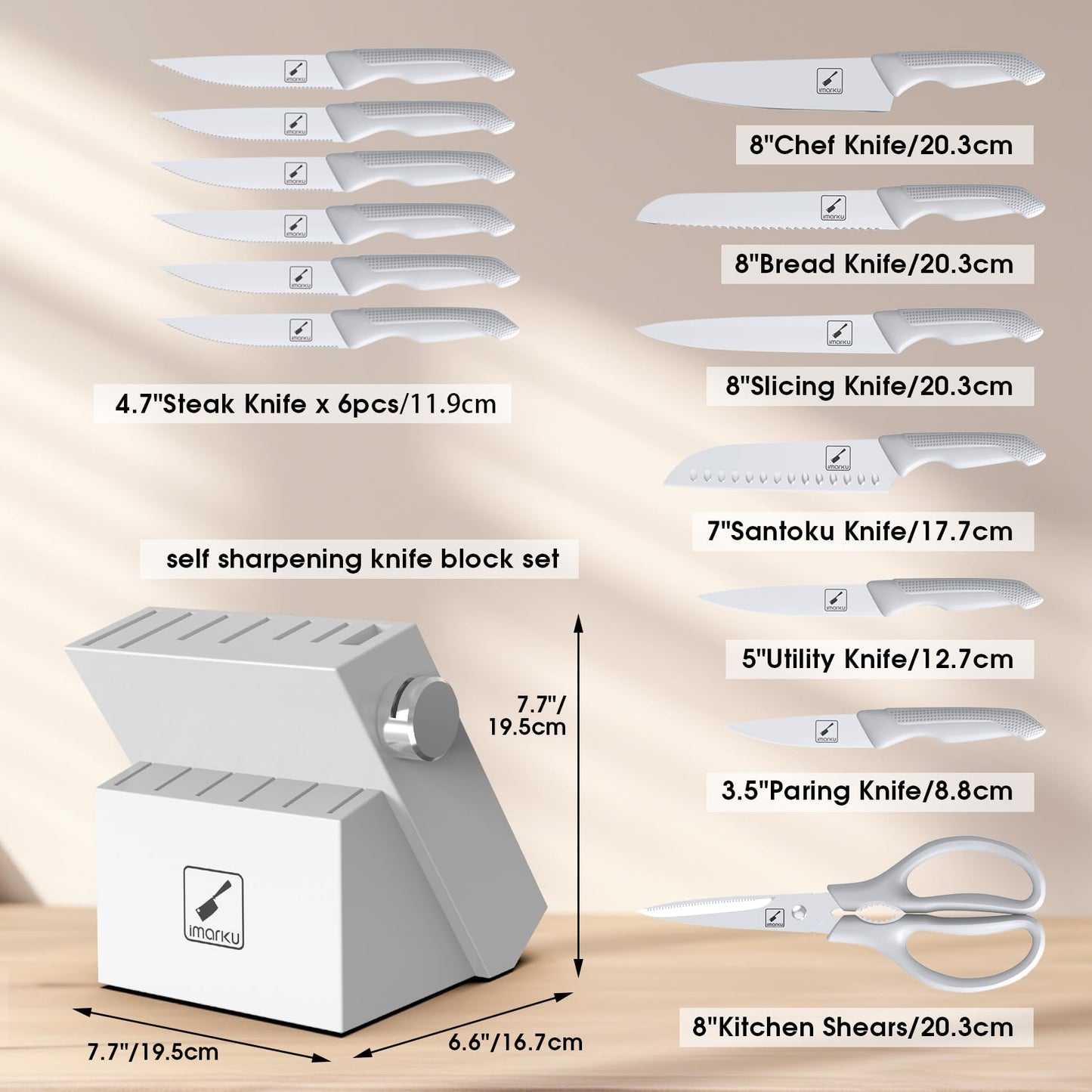 imarku Knife Set with Block, Sharp Knives Set with Built-in Sharpener, 14 PCS Japanese Stainless Steel Kitchen Knife Set, Dishwasher Safe, White, Ideal Home Cooking Gift for Mom
