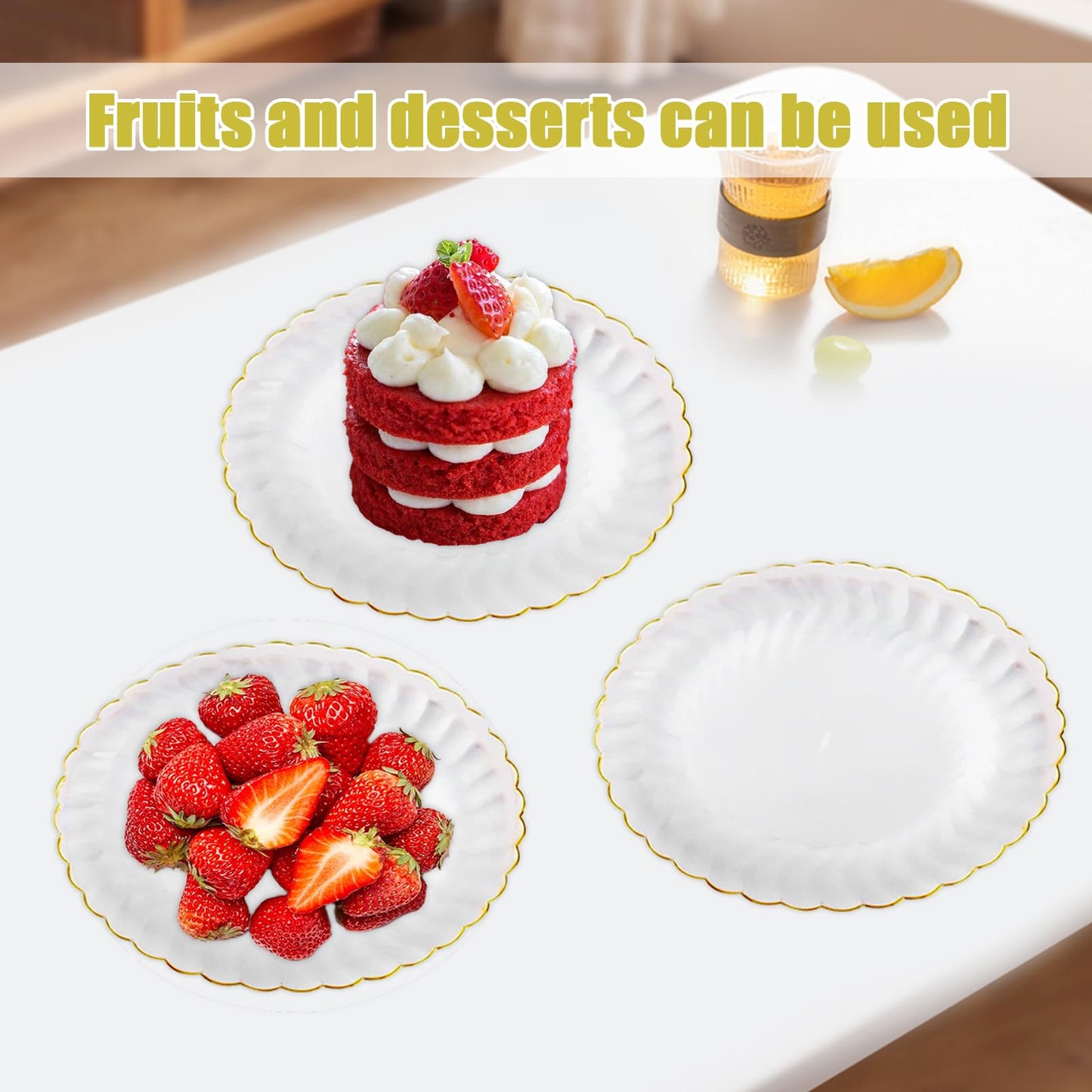 Auch 50 Pack 6 Inch Clear Plastic Plates Gold Rim, Disposable Heavy Duty Salad Dessert Plates- Premium Hard Plastic Plates Fancy Disposable Clear Plates for Weddings, Parties and Events (50 Pack)