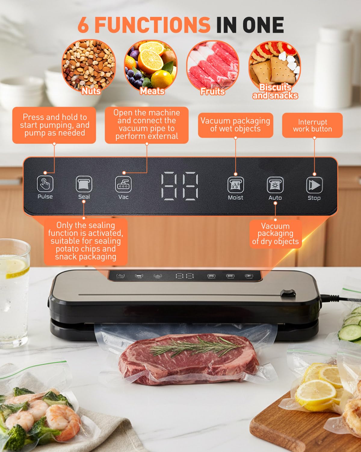 Vacuum Sealer Machine 75kPa Powerful Suction, 6-in-1 Food Vacuum Sealer with Built-in Cutter, Dry & Moist Modes, Stainless Steel Compact Design, Sous Vide Compatible, Includes 50 Vacuum Bags