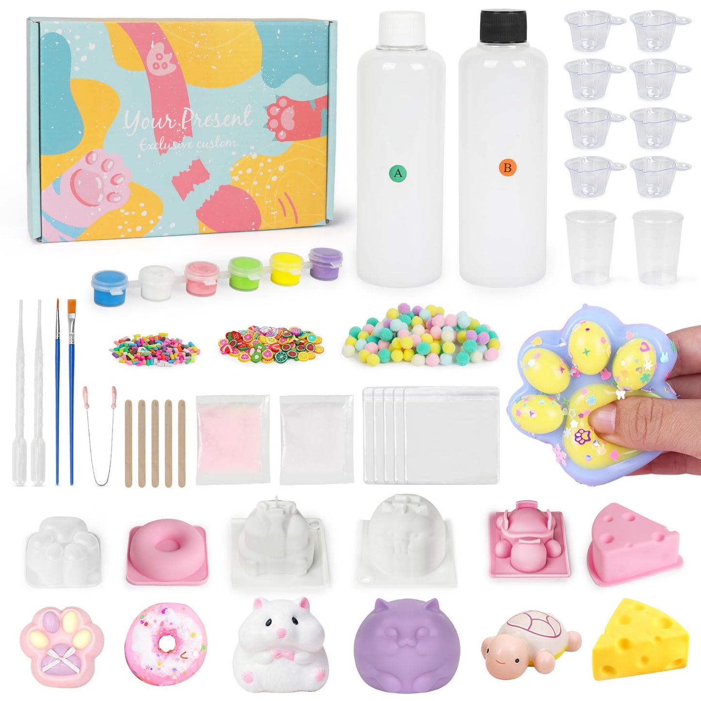 Starry Taba Squishy Kit Set 500g Taba Squishy Making DIY Kit with 1:1 AB Liquid Silicone Faster Fully Cures Bubble Free with 6 Molds, Flocking Powder for Stress Relief Gift
