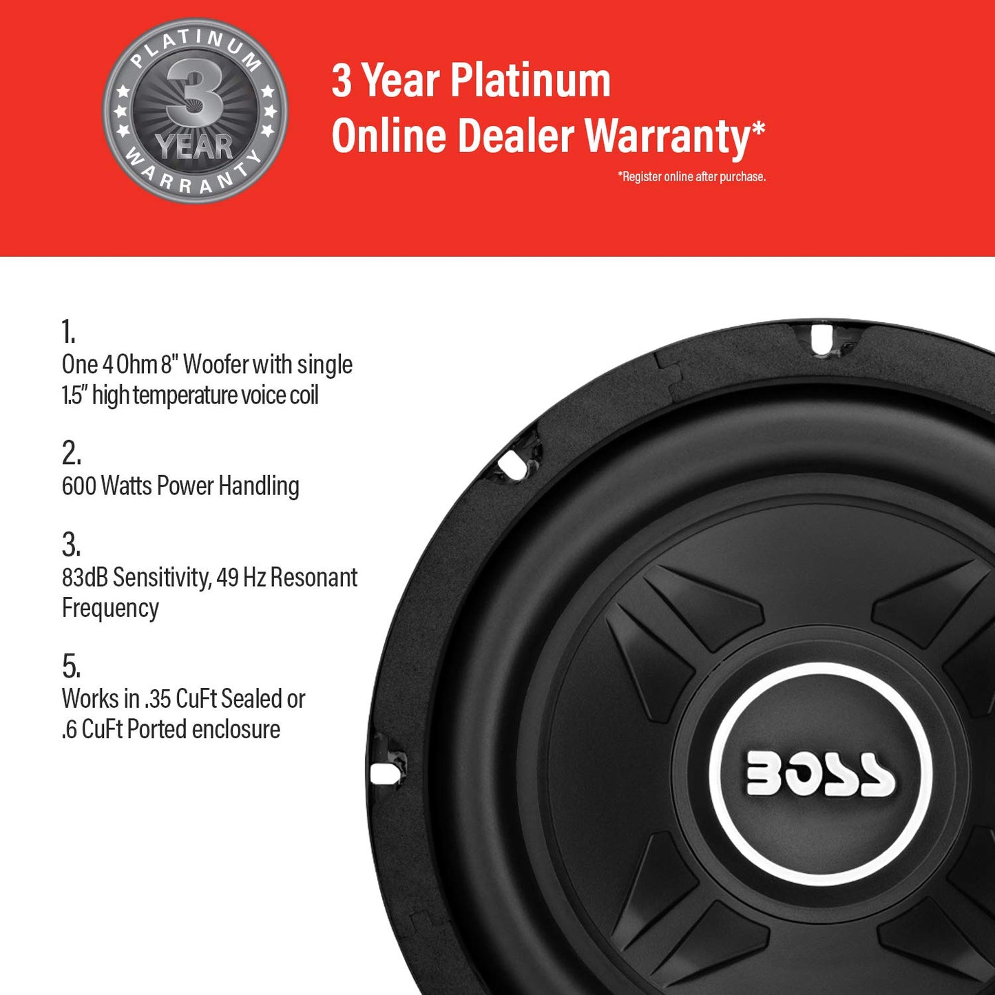 BOSS Audio Systems CXX8 Chaos Exxtreme Series 8 Inch Car Subwoofer - 600 Watts Max, Single 4 Ohm Voice Coil, Sold Individually, for Truck, Boxes and Enclosures, Use with Amplifier