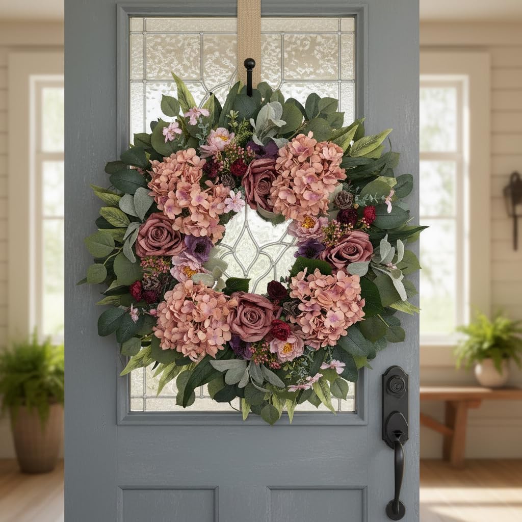 WANNA-CUL 24 Inch Spring Hydrangea Wreaths for Front Door,Spring Door Wreath with Rustic Pink Rose and Peony Flower for Wedding or Mothers Day Wreath Decor