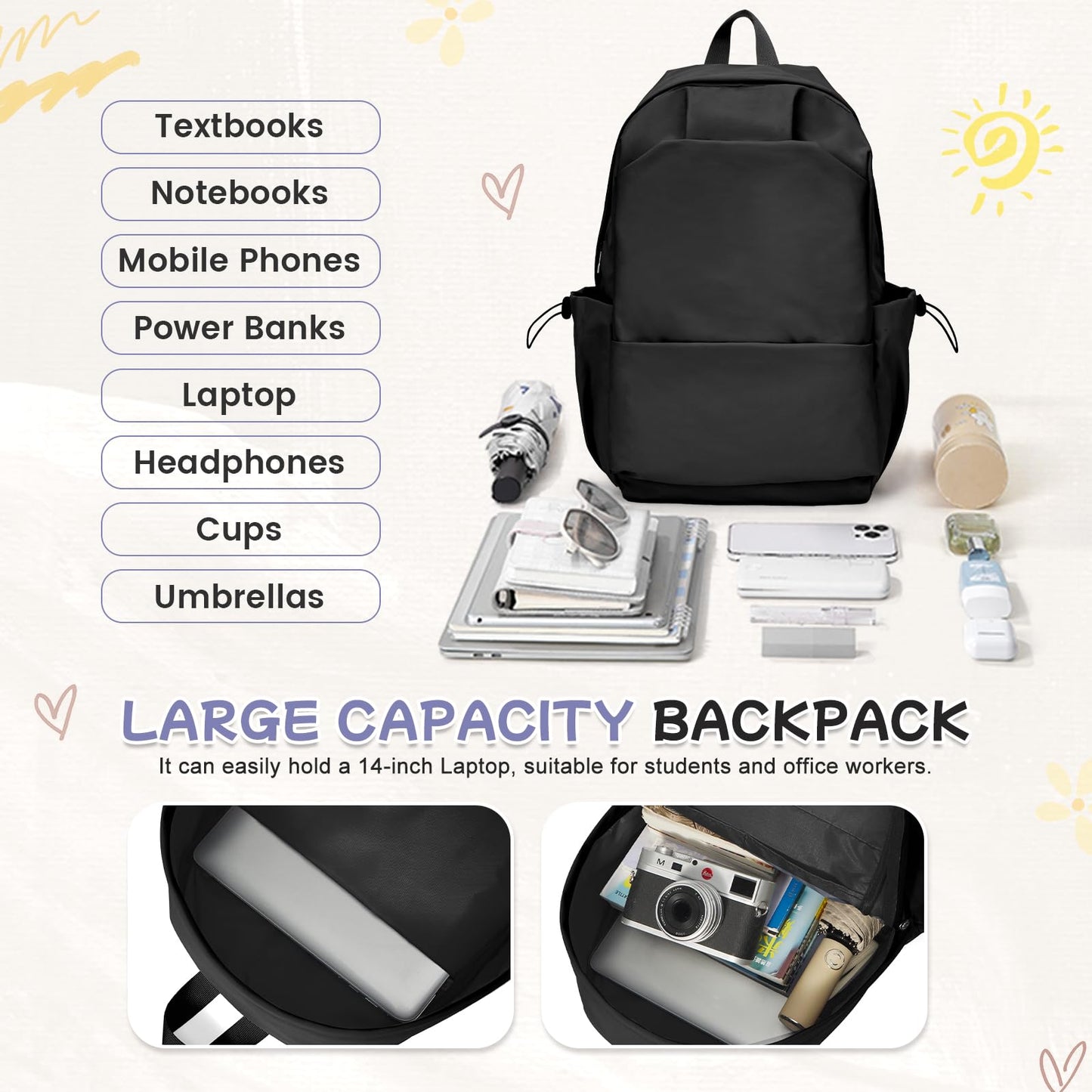 School Backpack for Women Men College High School Bag for Boys Girls Casual Daypack Laptop Backpack Waterproof Black Bookbag