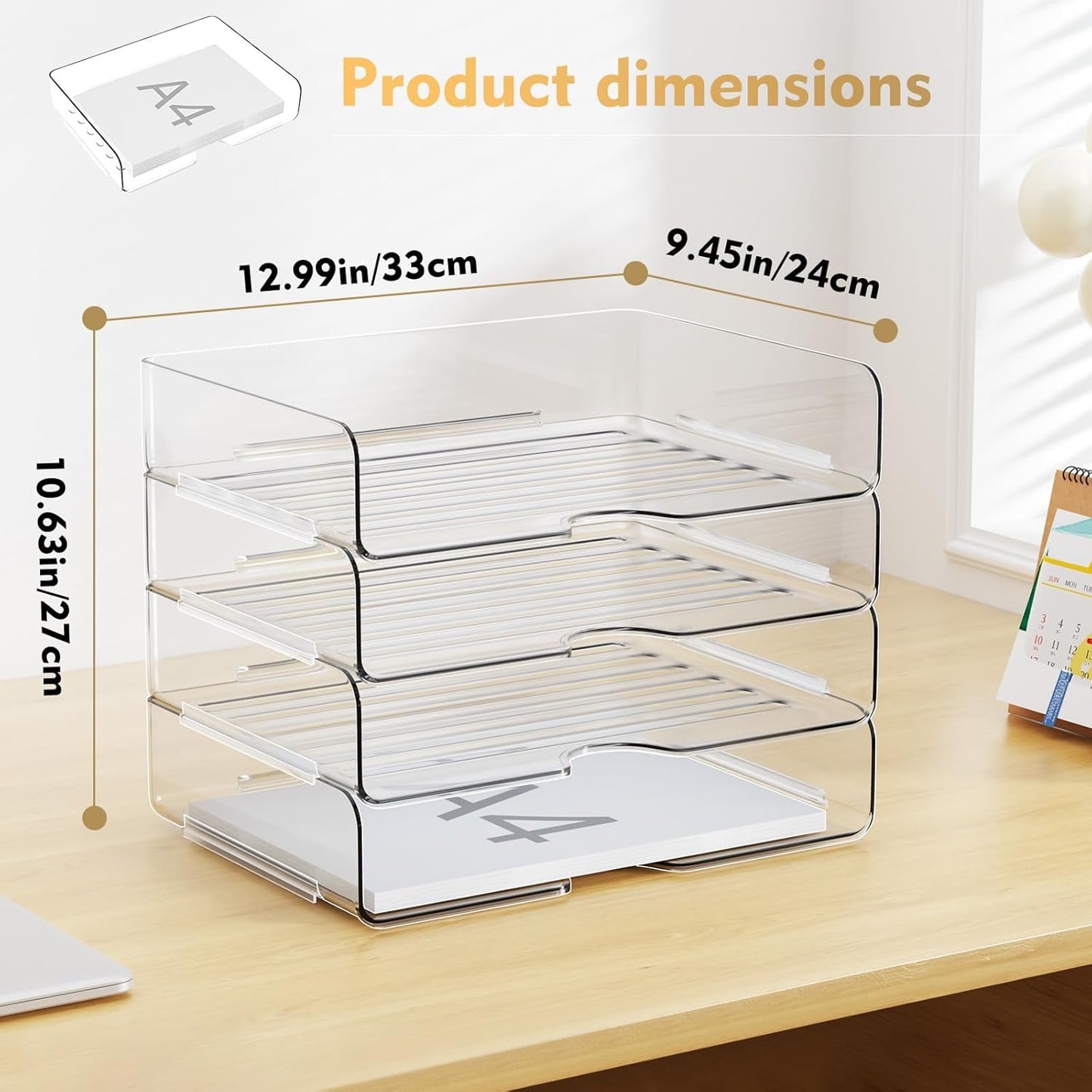 4 Trays Paper Organizer Letter Tray - Acrylic Desk File Organizer, Stackable Clear Paper Holder Sorter Office Organizer for Letter/A4, Office File Ipad Books Notes Etc (Clear Tray, 4 Pack)